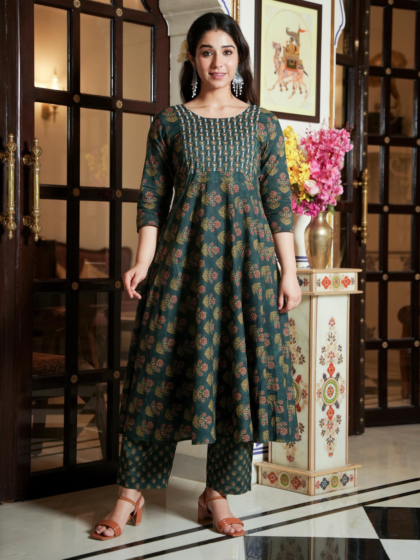 Embroidered Soft Cotton Floral Anarkali Green Kurta