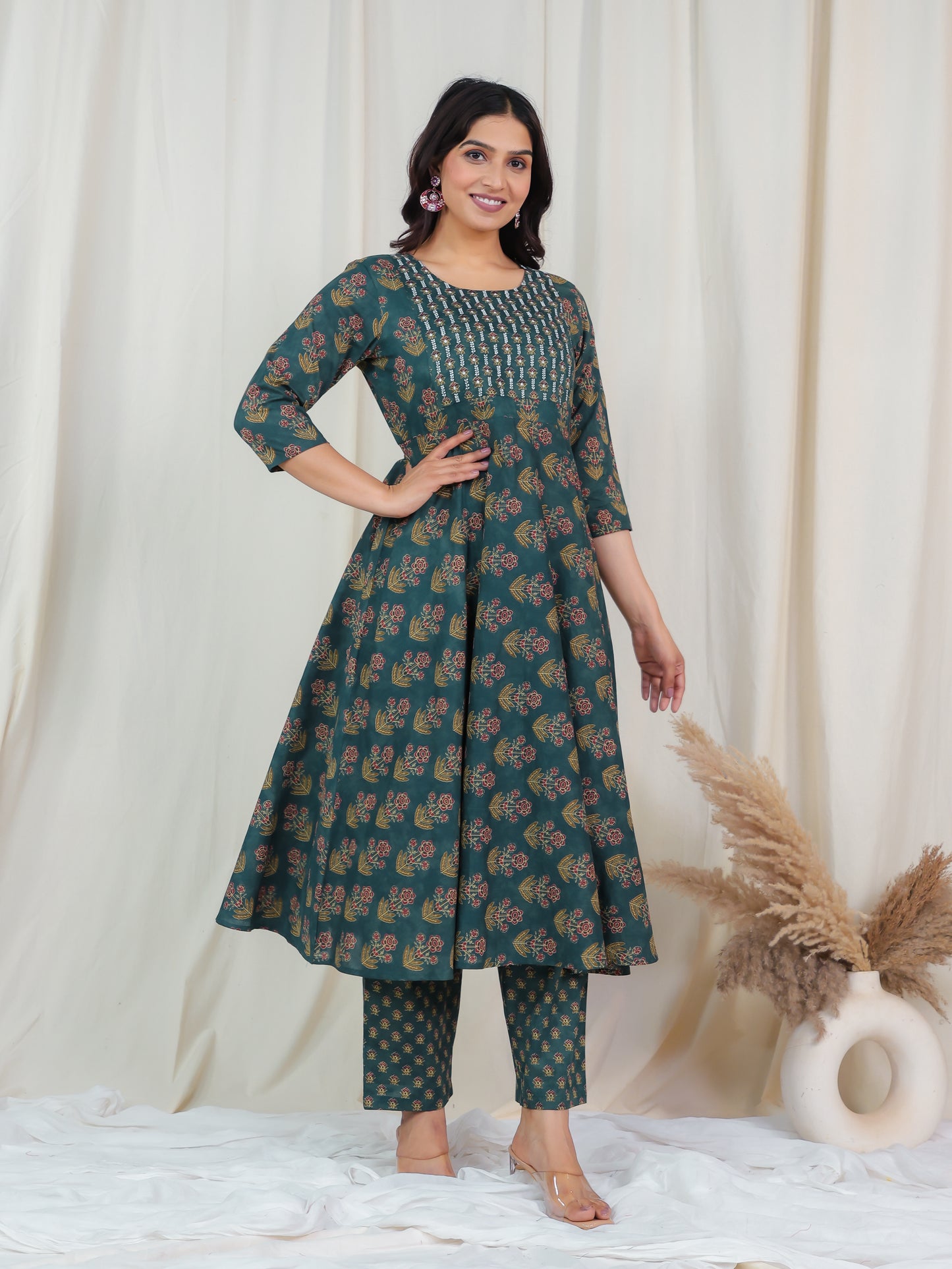 Embroidered Soft Cotton Floral Anarkali Green Kurta