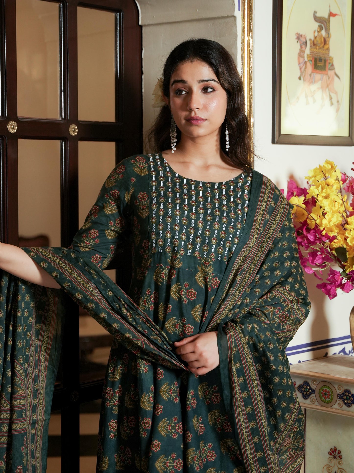 Embroidered Soft Cotton Floral Anarkali Green Kurta