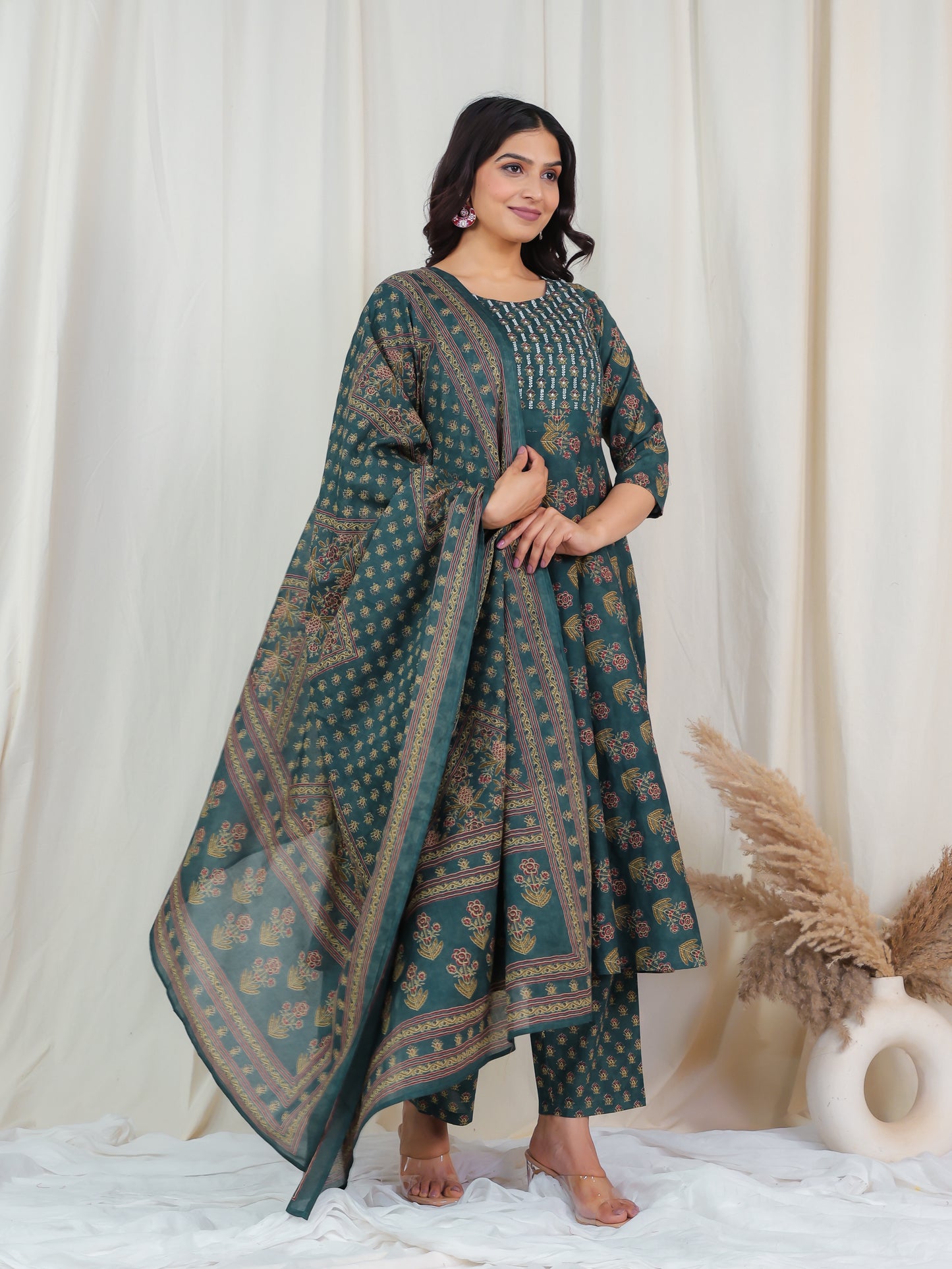 Embroidered Soft Cotton Floral Anarkali Green Kurta