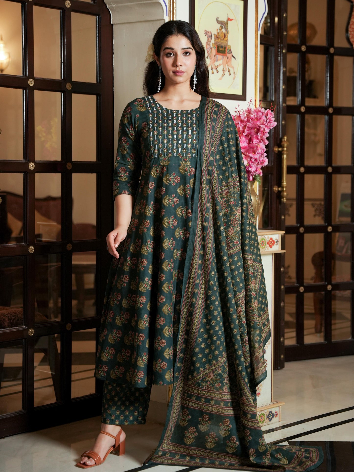 Embroidered Soft Cotton Floral Anarkali Green Kurta
