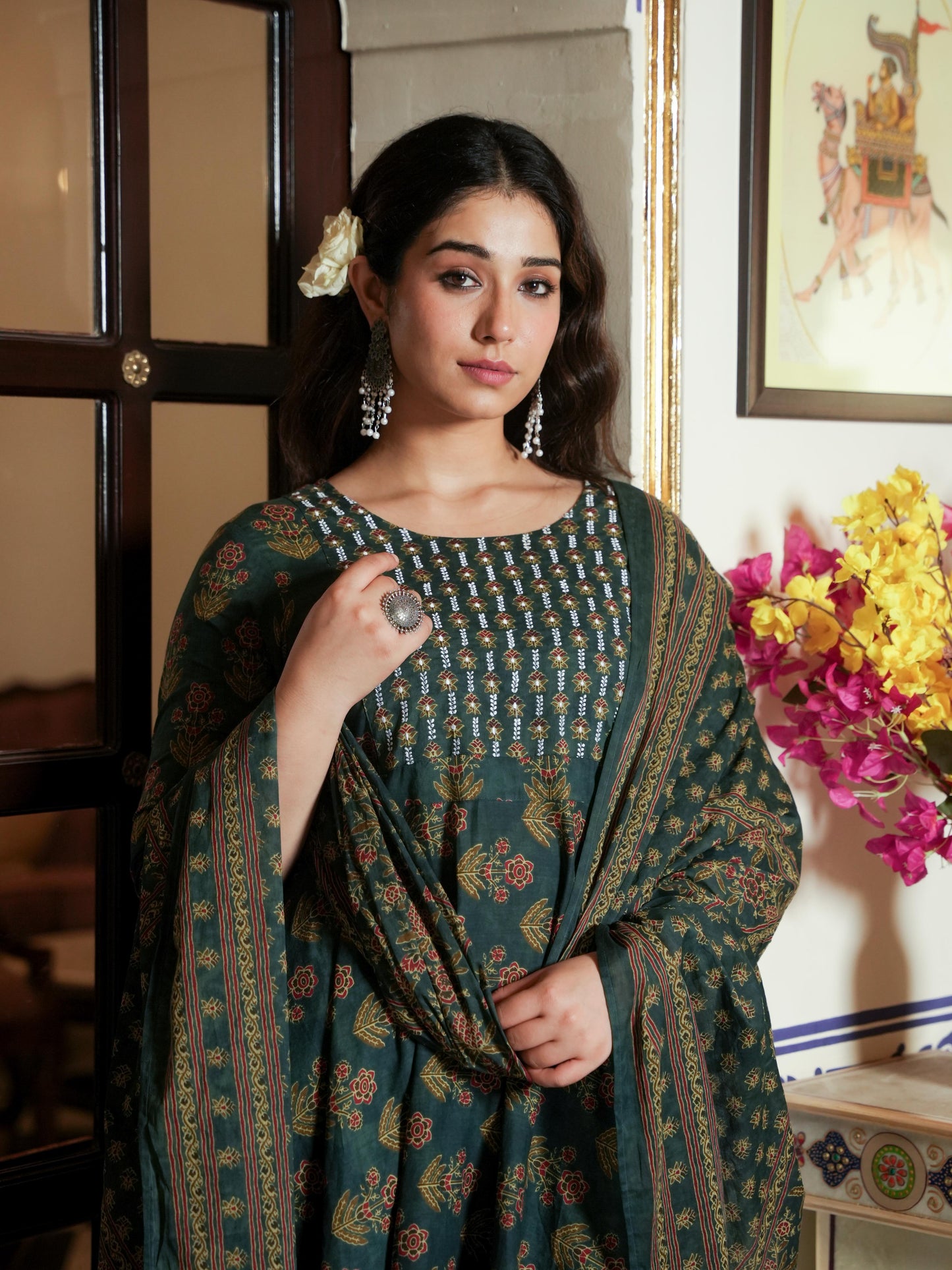 Embroidered Soft Cotton Floral Anarkali Green Kurta