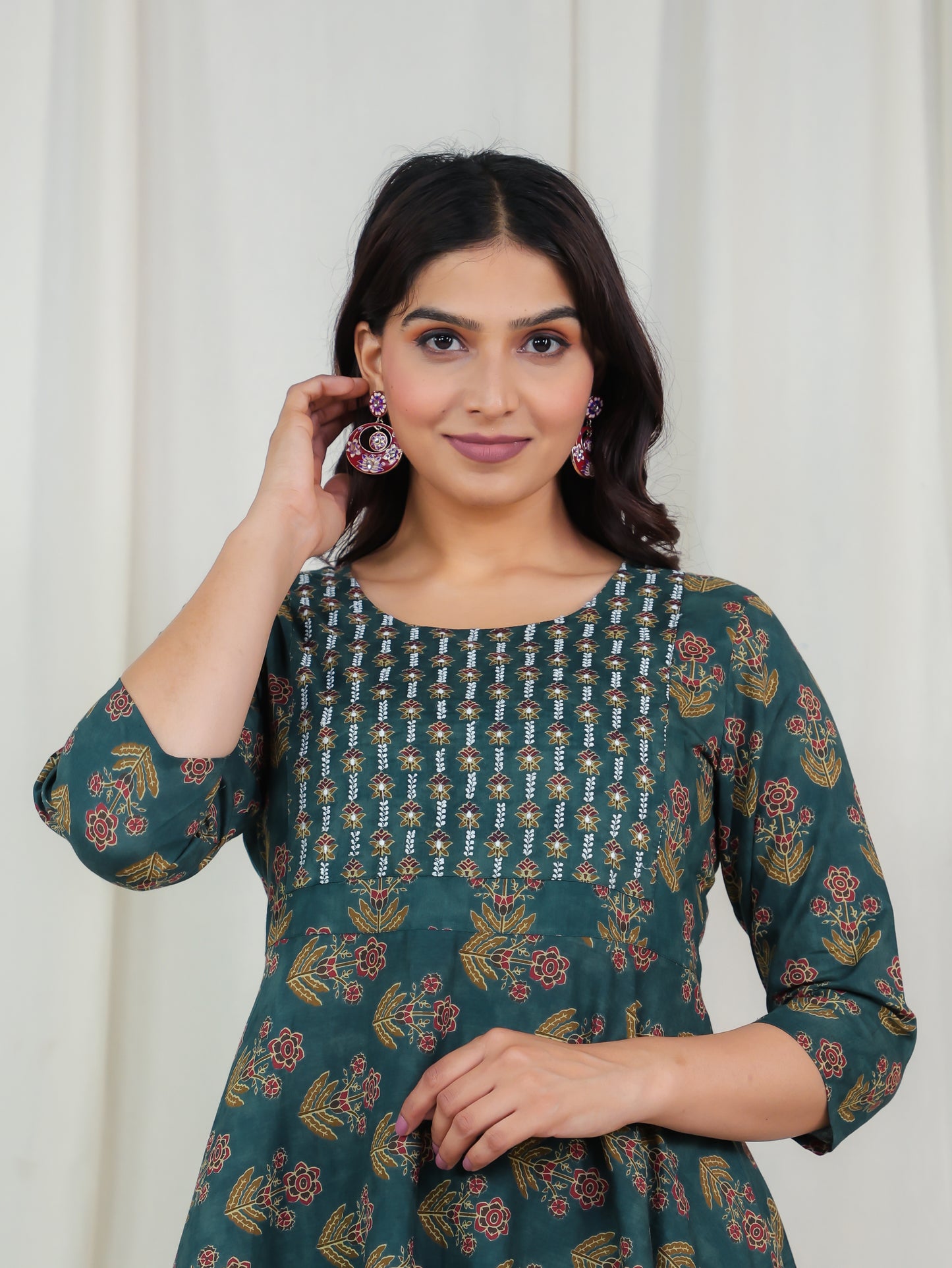Embroidered Soft Cotton Floral Anarkali Green Kurta
