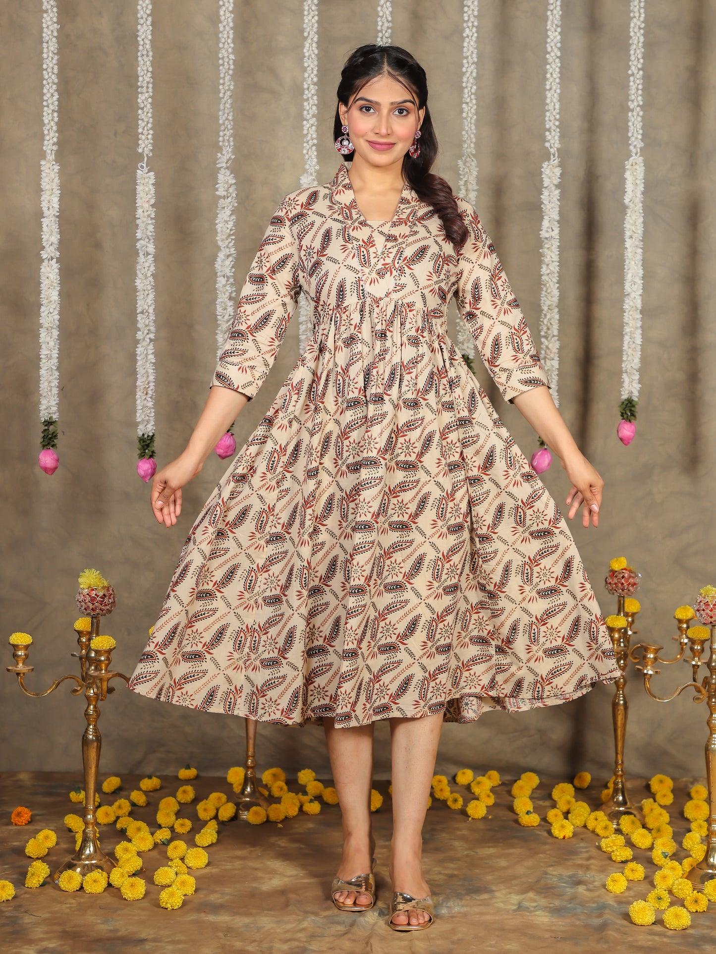 Soft Cotton Gold foil Gathered Beige Dress