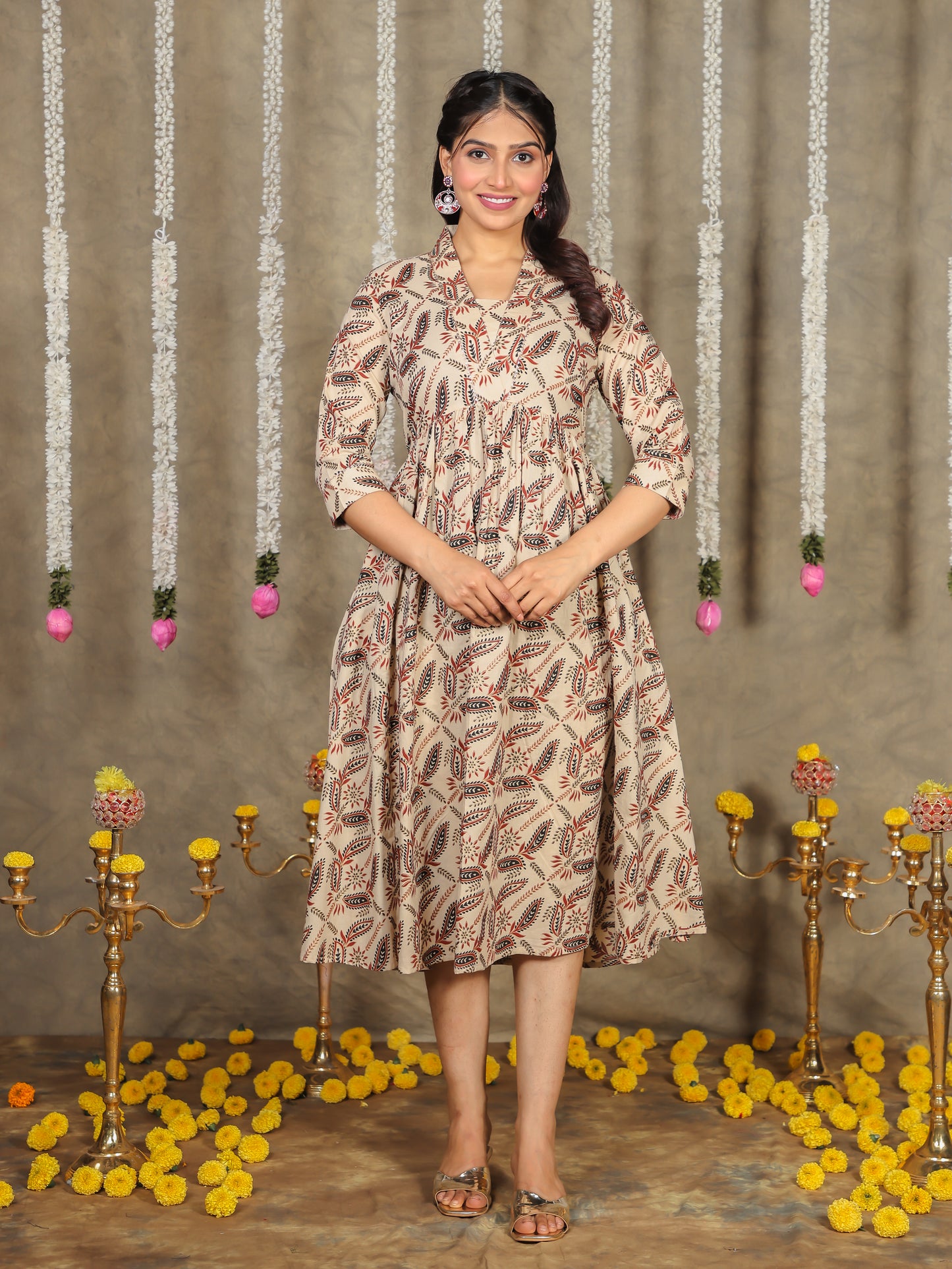 Soft Cotton Gold foil Gathered Beige Dress