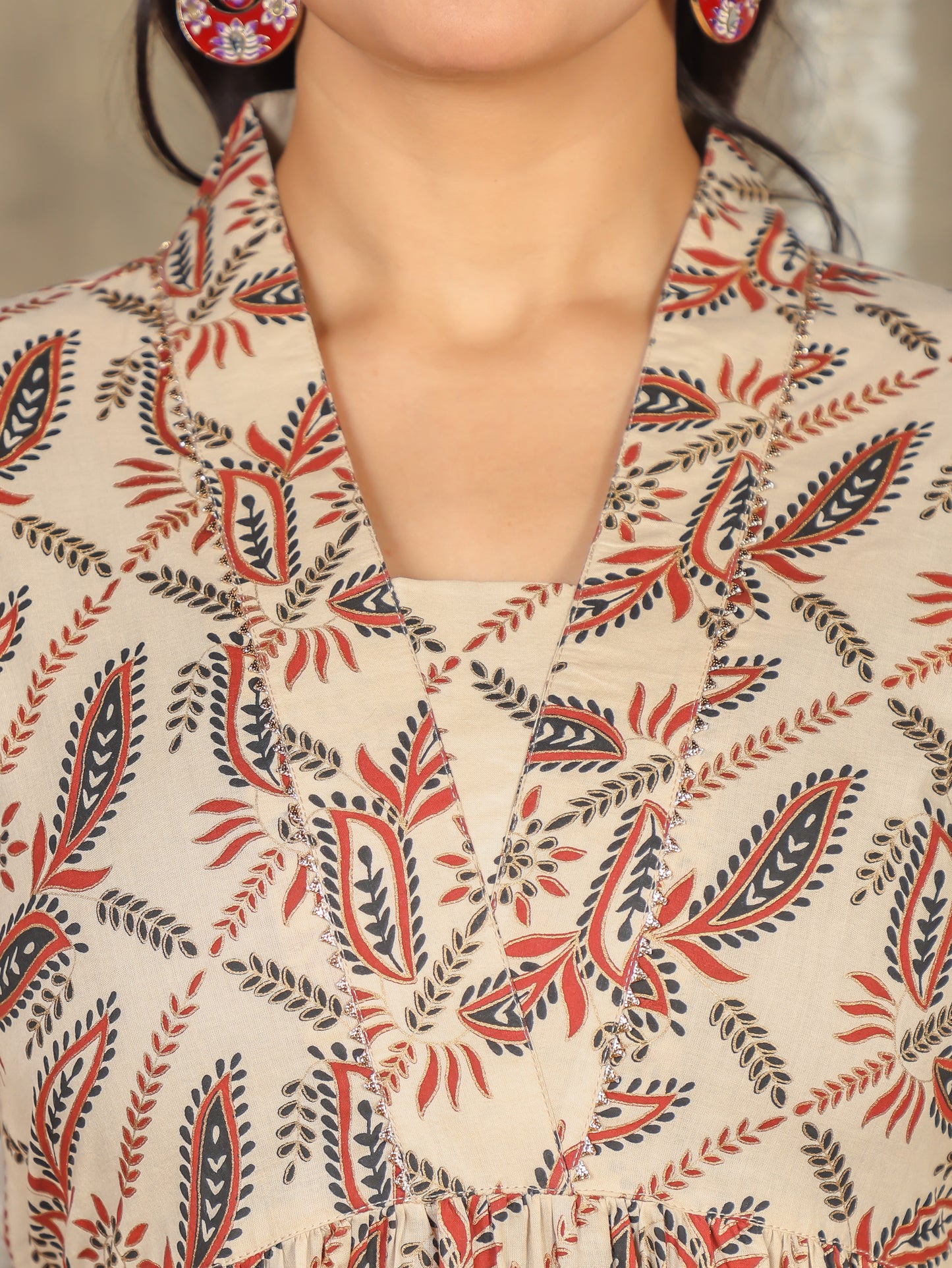 Soft Cotton Gold foil Gathered Beige Dress