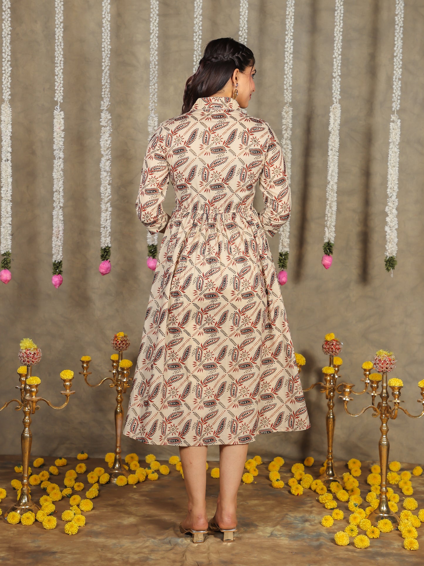 Soft Cotton Gold foil Gathered Beige Dress