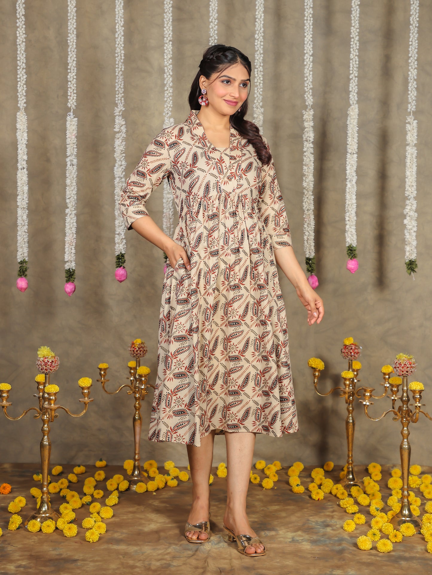 Soft Cotton Gold foil Gathered Beige Dress