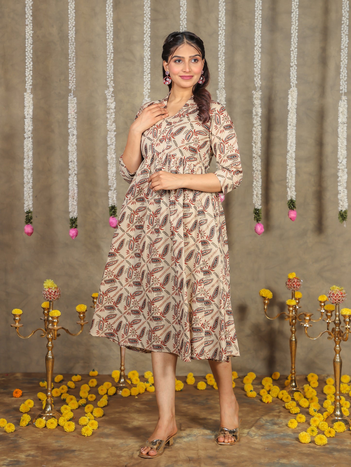 Soft Cotton Gold foil Gathered Beige Dress