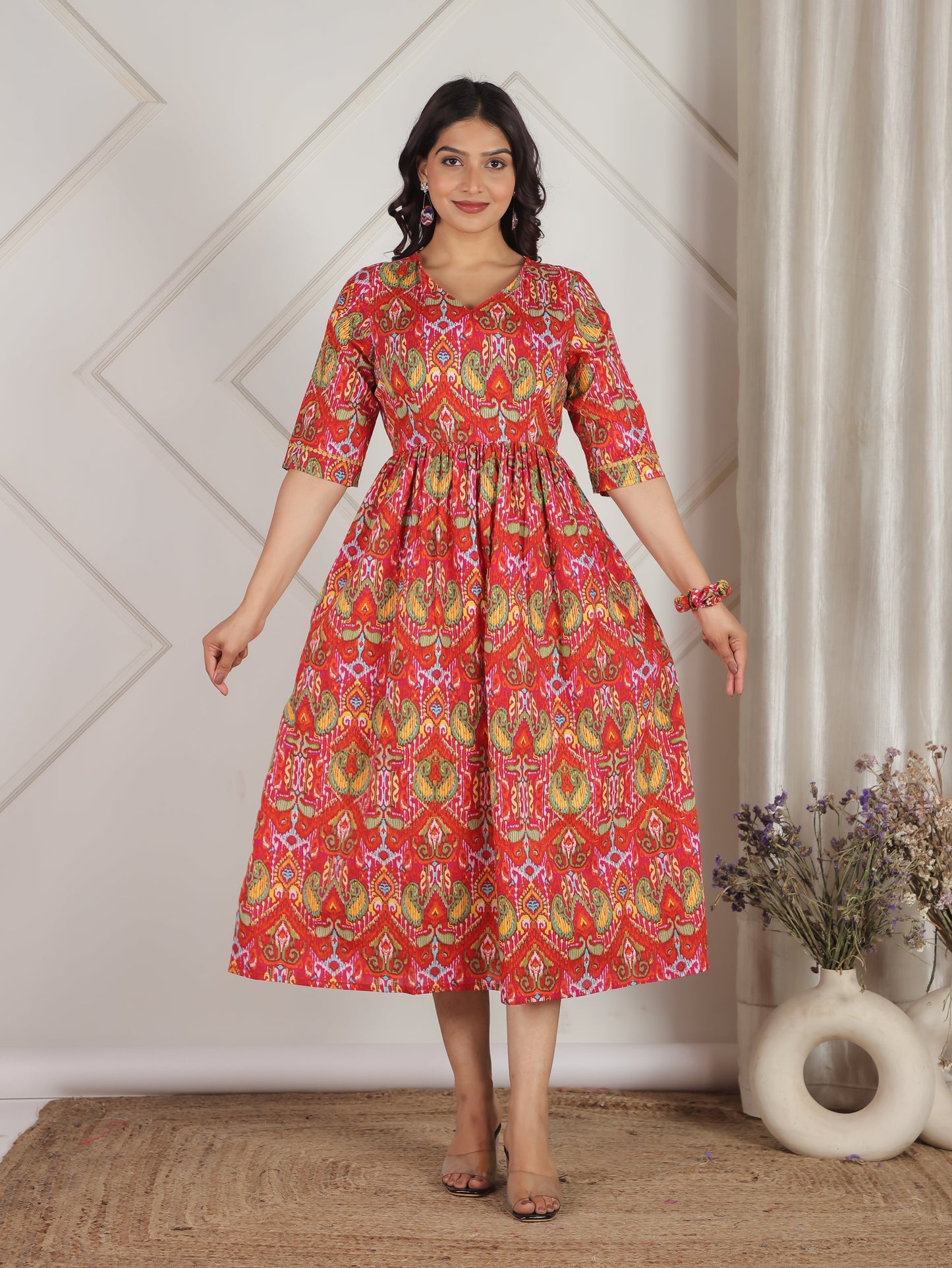 Soft Cotton Paisley Gathered Orange Dress