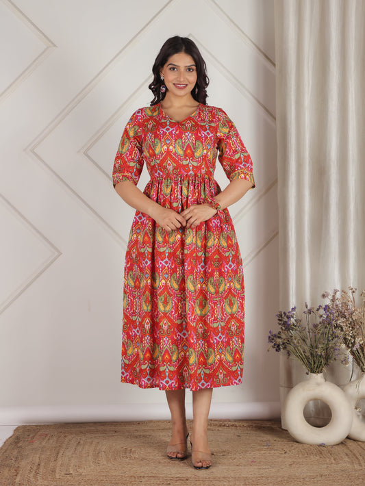 Soft Cotton Paisley Gathered Orange Dress