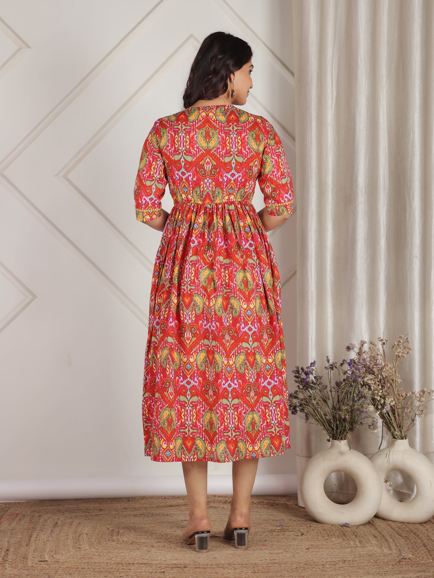 Soft Cotton Paisley Gathered Orange Dress