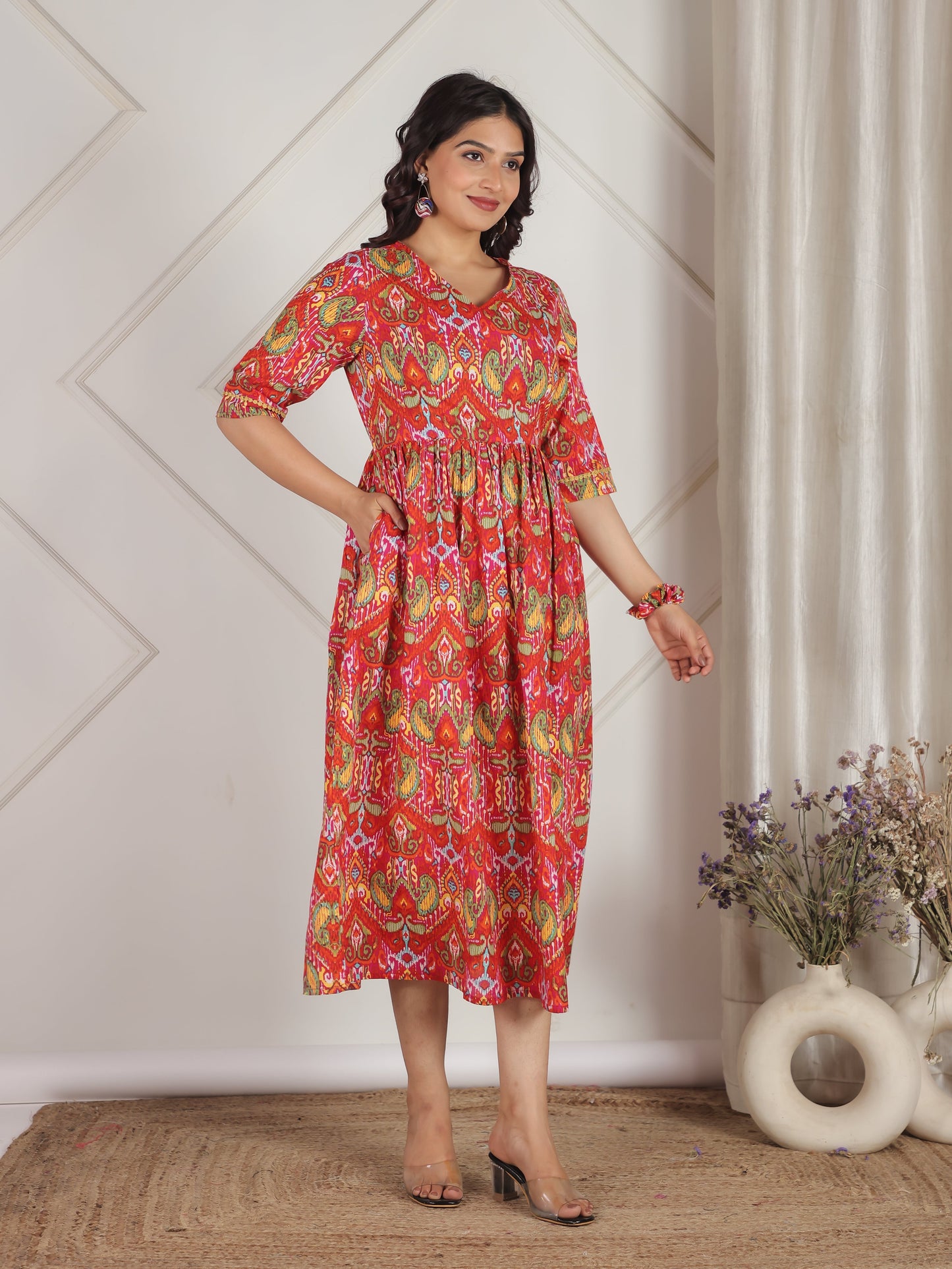 Soft Cotton Paisley Gathered Orange Dress