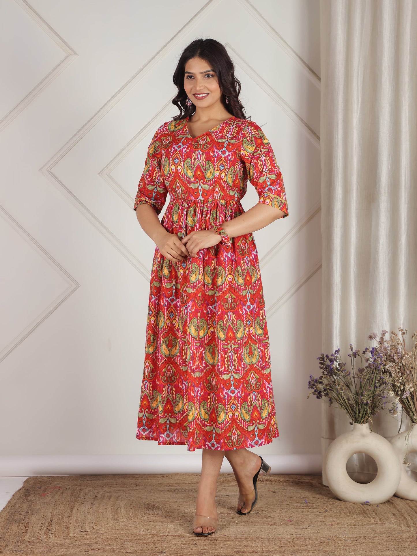 Soft Cotton Paisley Gathered Orange Dress