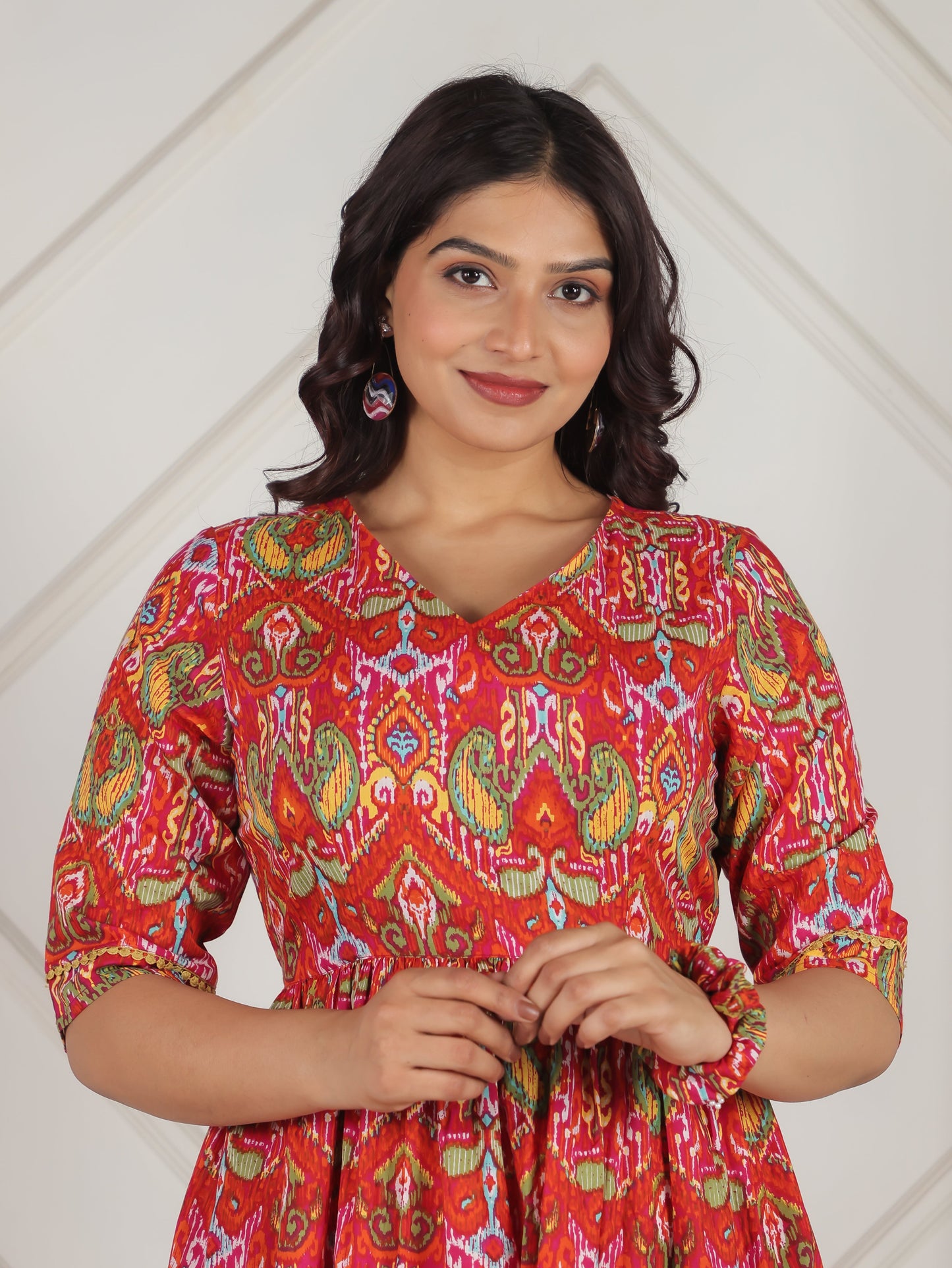 Soft Cotton Paisley Gathered Orange Dress