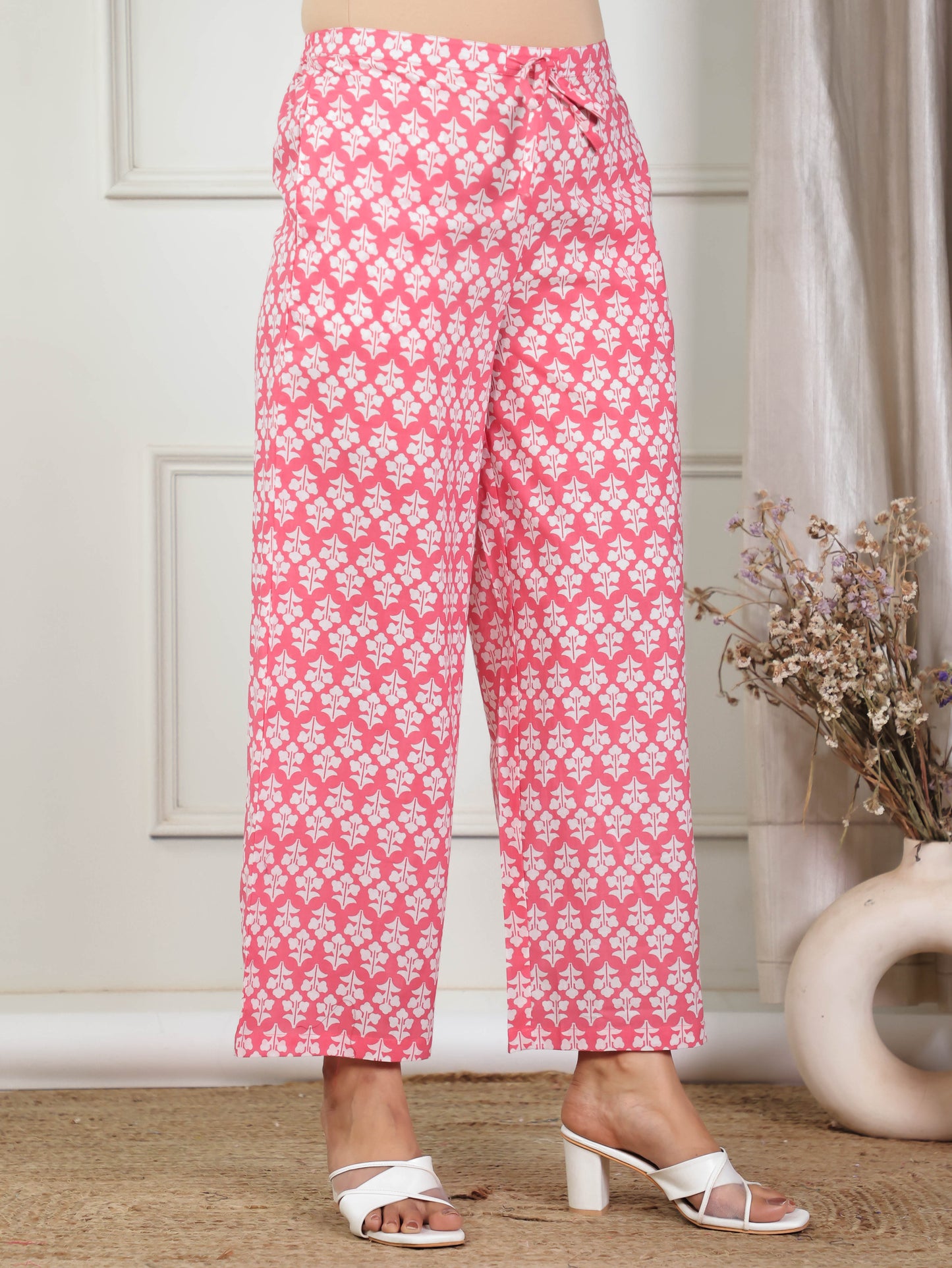 Soft Cotton Floral Pink Flared Trousers