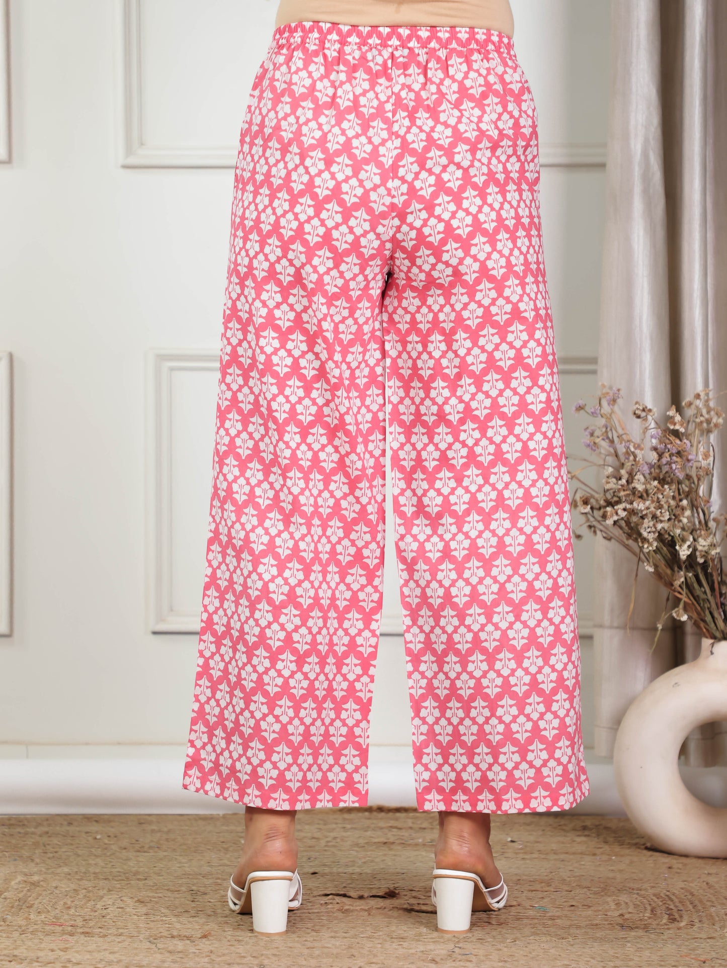Soft Cotton Floral Pink Flared Trousers