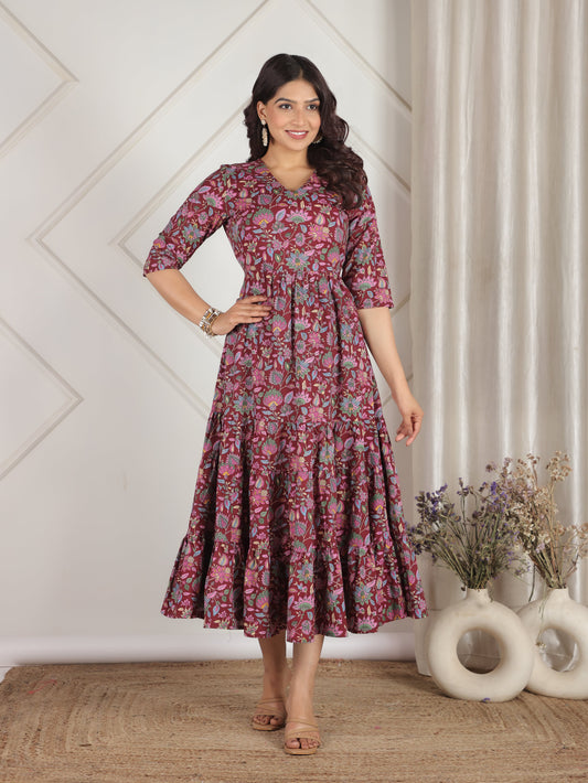 Soft Cotton Floral Anarkali Purple Dress