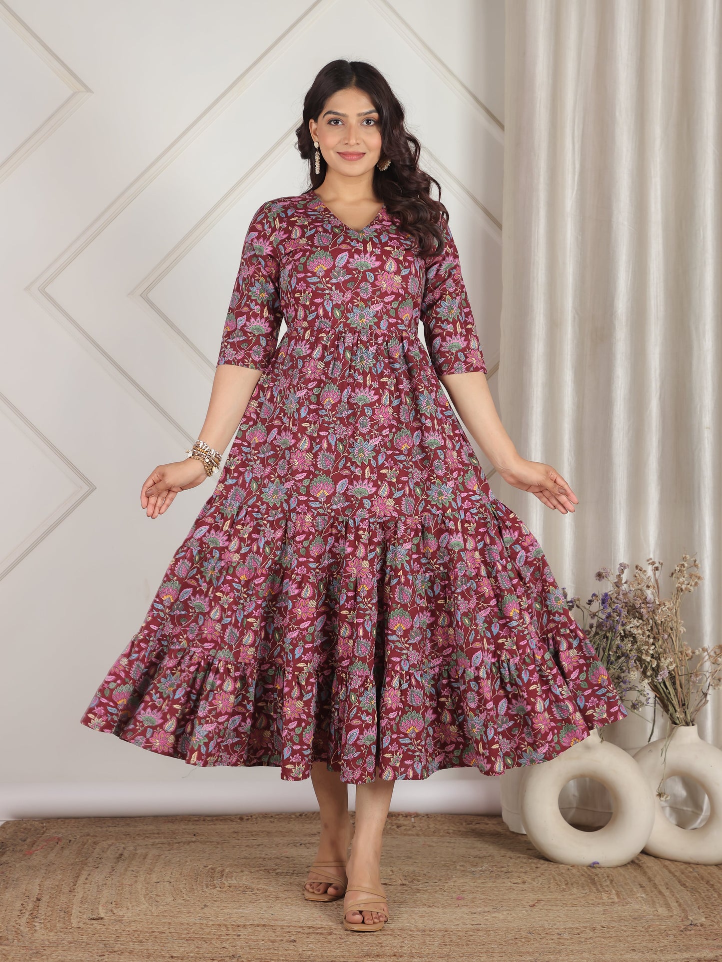 Soft Cotton Floral Anarkali Purple Dress