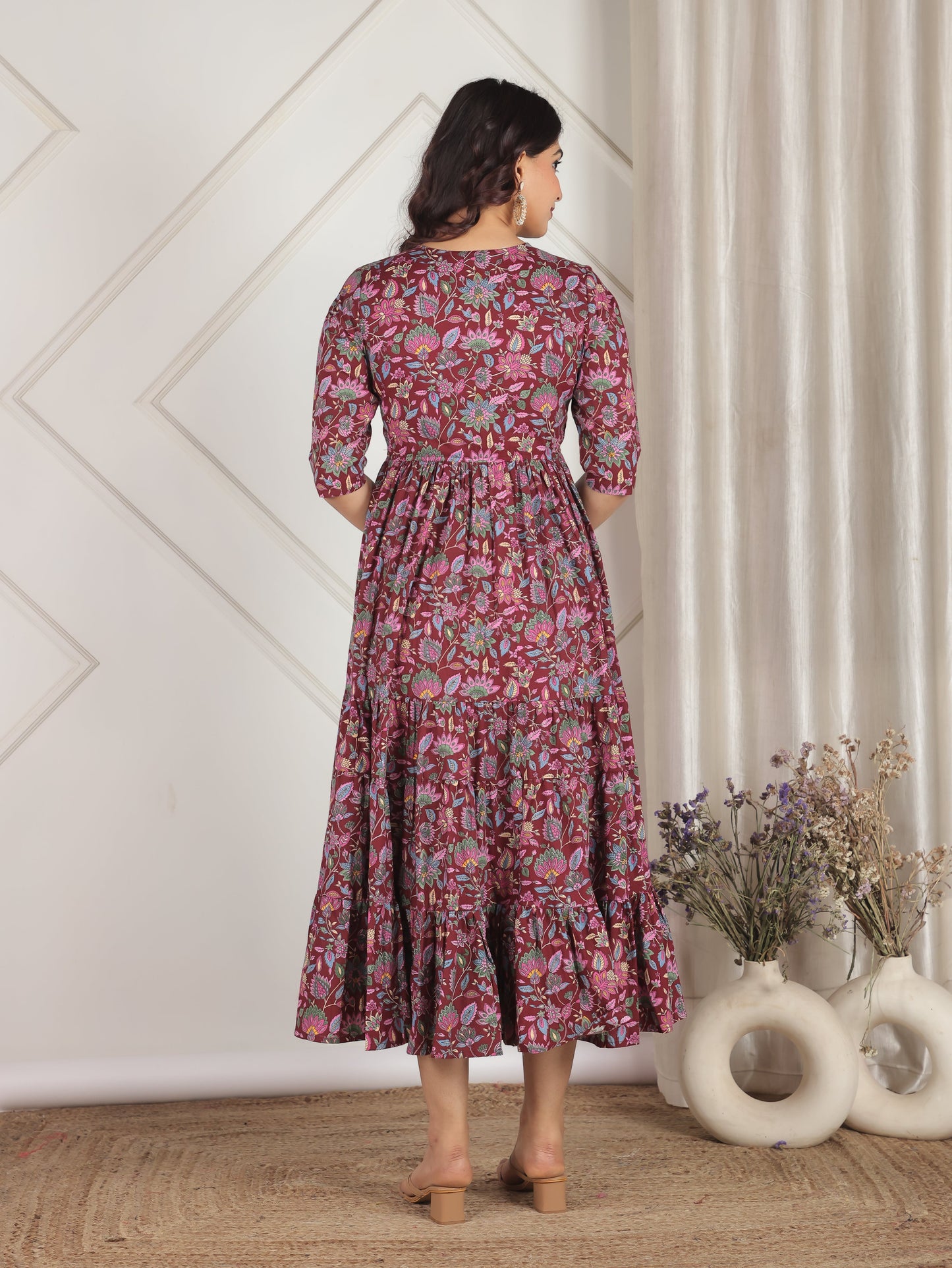 Soft Cotton Floral Anarkali Purple Dress