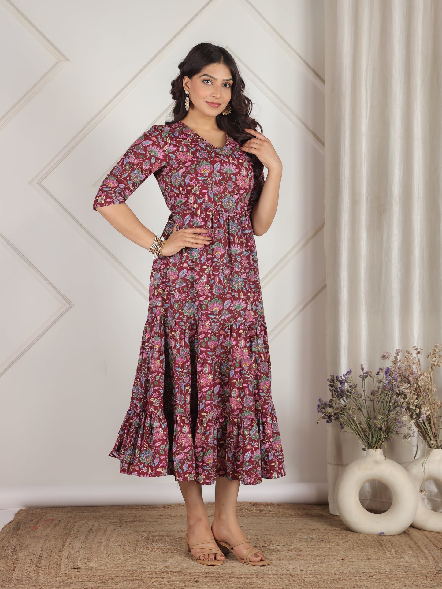 Soft Cotton Floral Anarkali Purple Dress