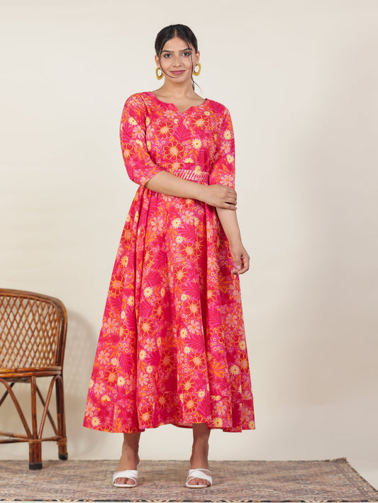 Soft Cotton Floral Anarkali Purple Dress