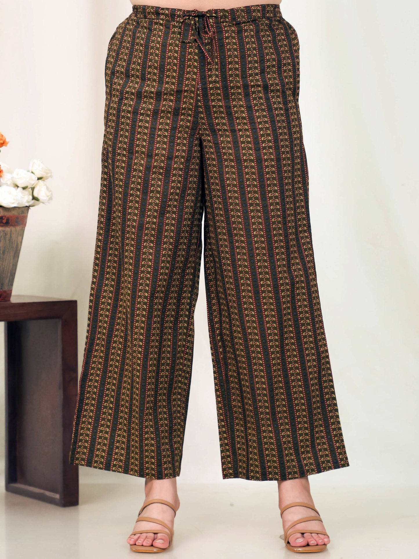 Soft Cotton Striped Green Flared Trousers
