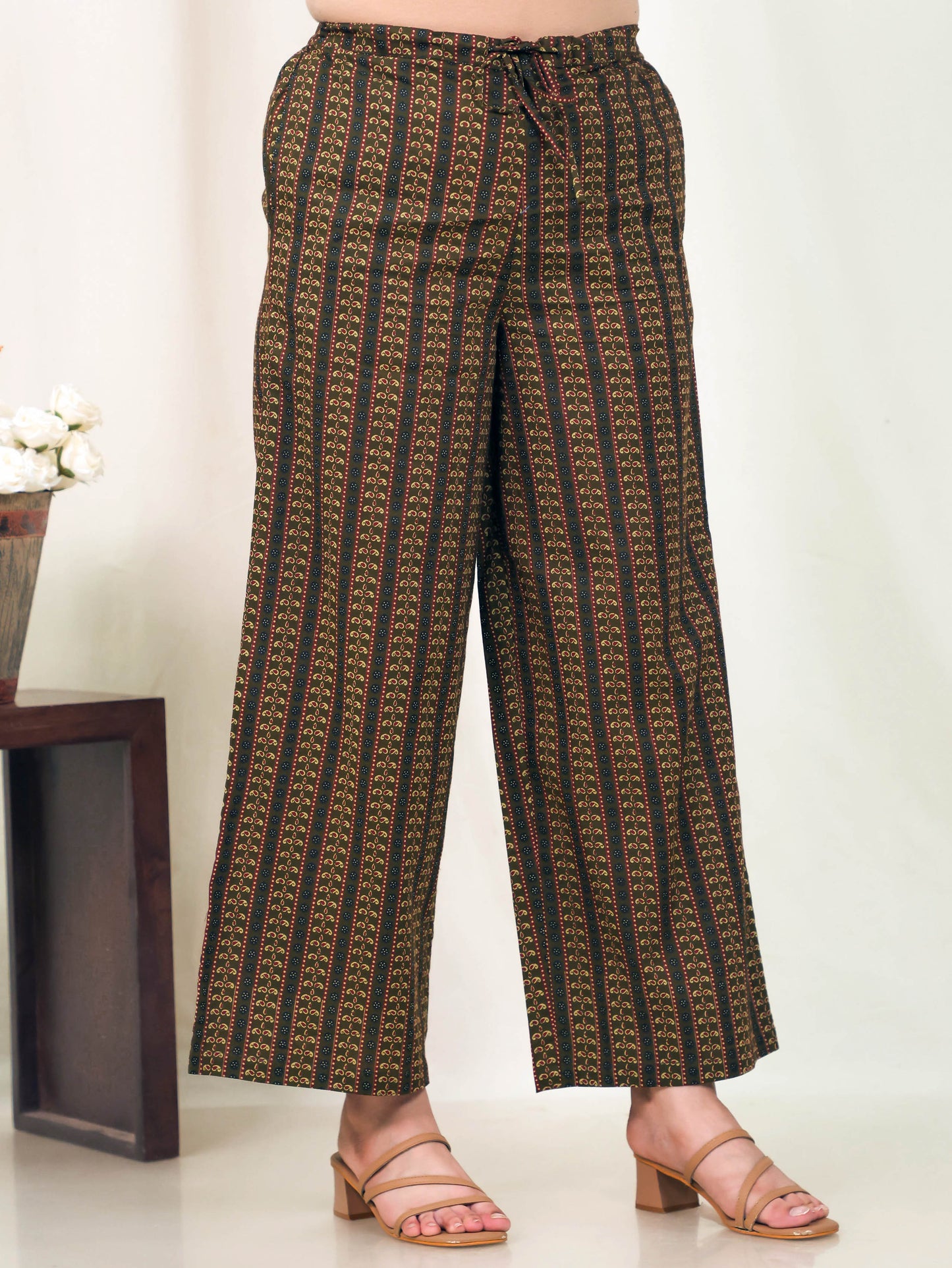 Soft Cotton Striped Green Flared Trousers