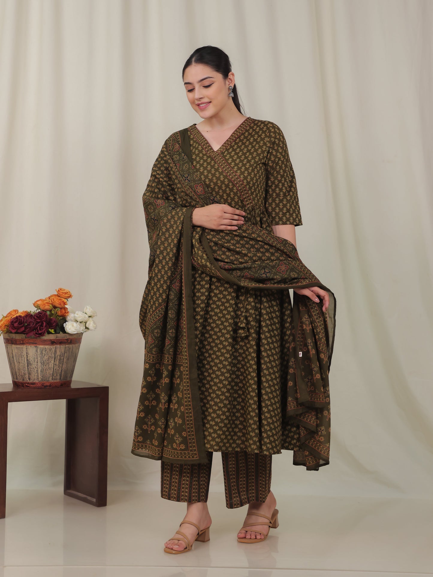 Soft Cotton Geometric Angrakha Green Kurta