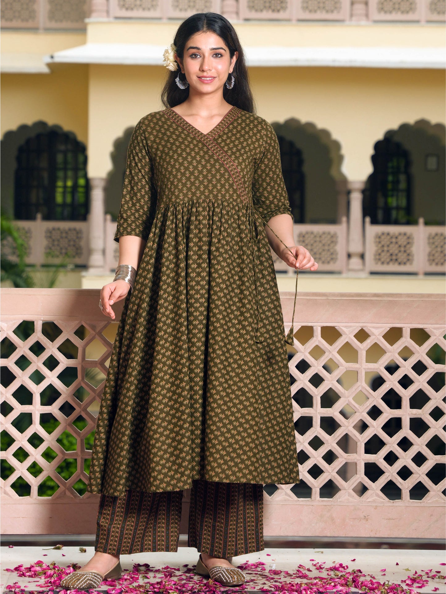 Soft Cotton Geometric Angrakha Green Kurta