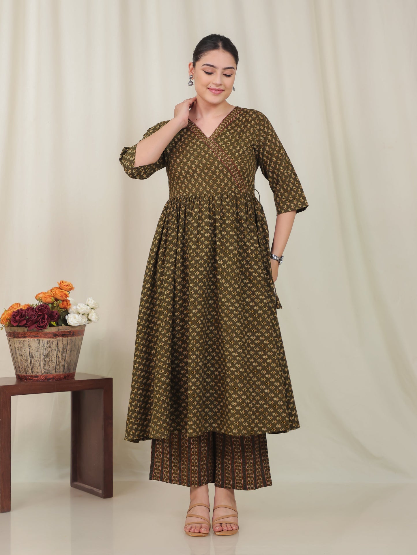 Soft Cotton Geometric Angrakha Green Kurta
