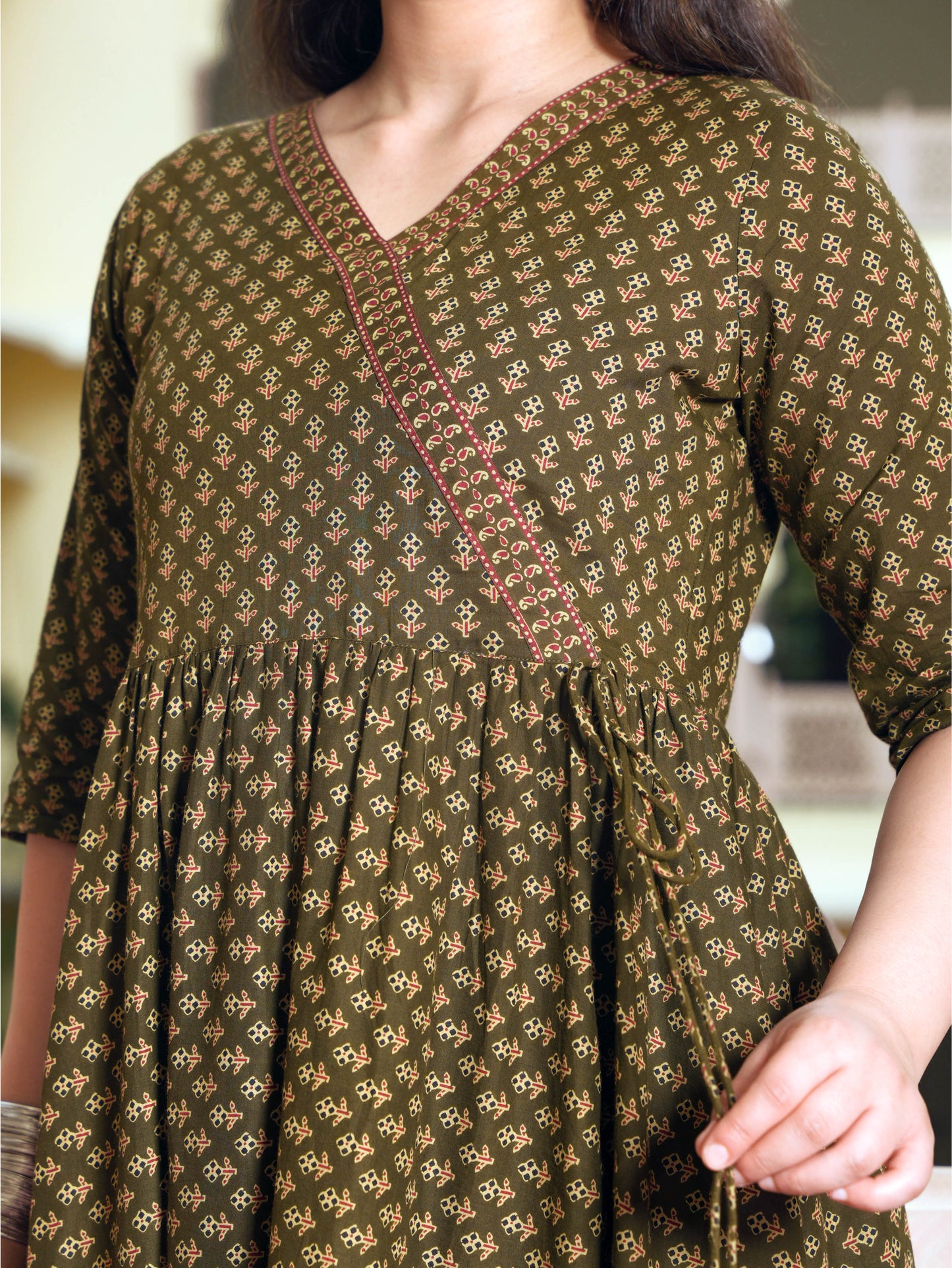 Soft Cotton Geometric Angrakha Green Kurta