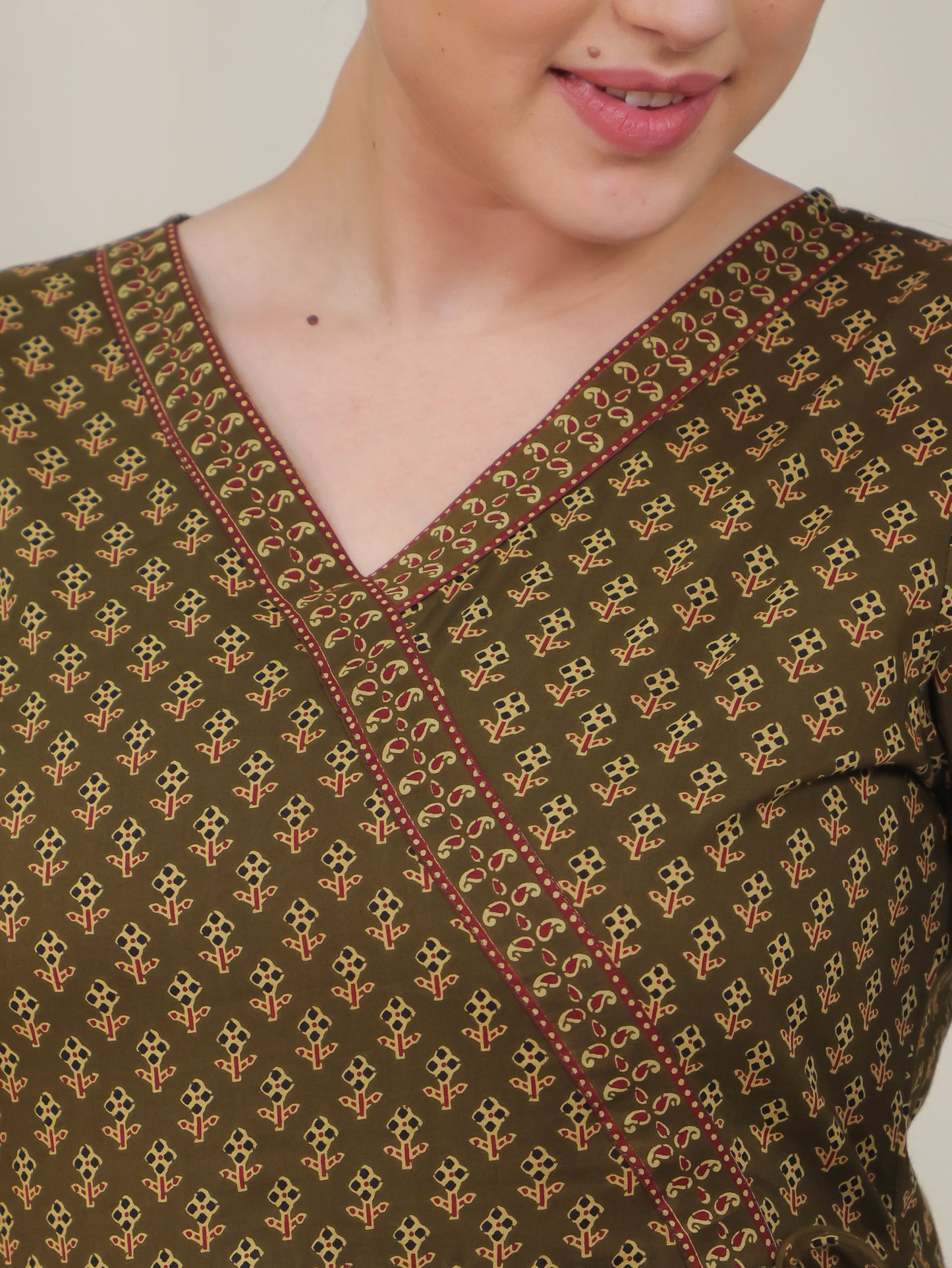 Soft Cotton Geometric Angrakha Green Kurta