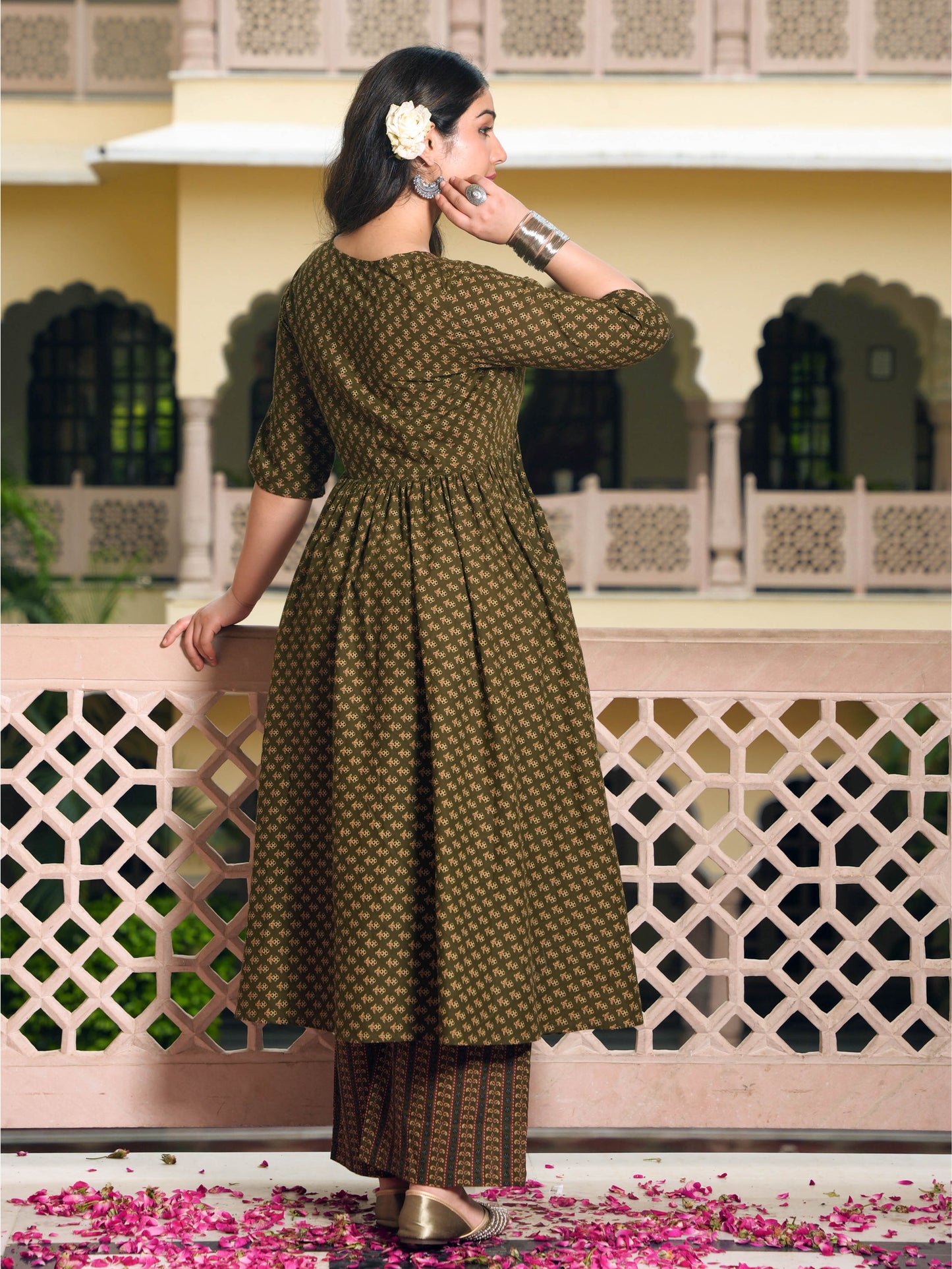 Soft Cotton Geometric Angrakha Green Kurta