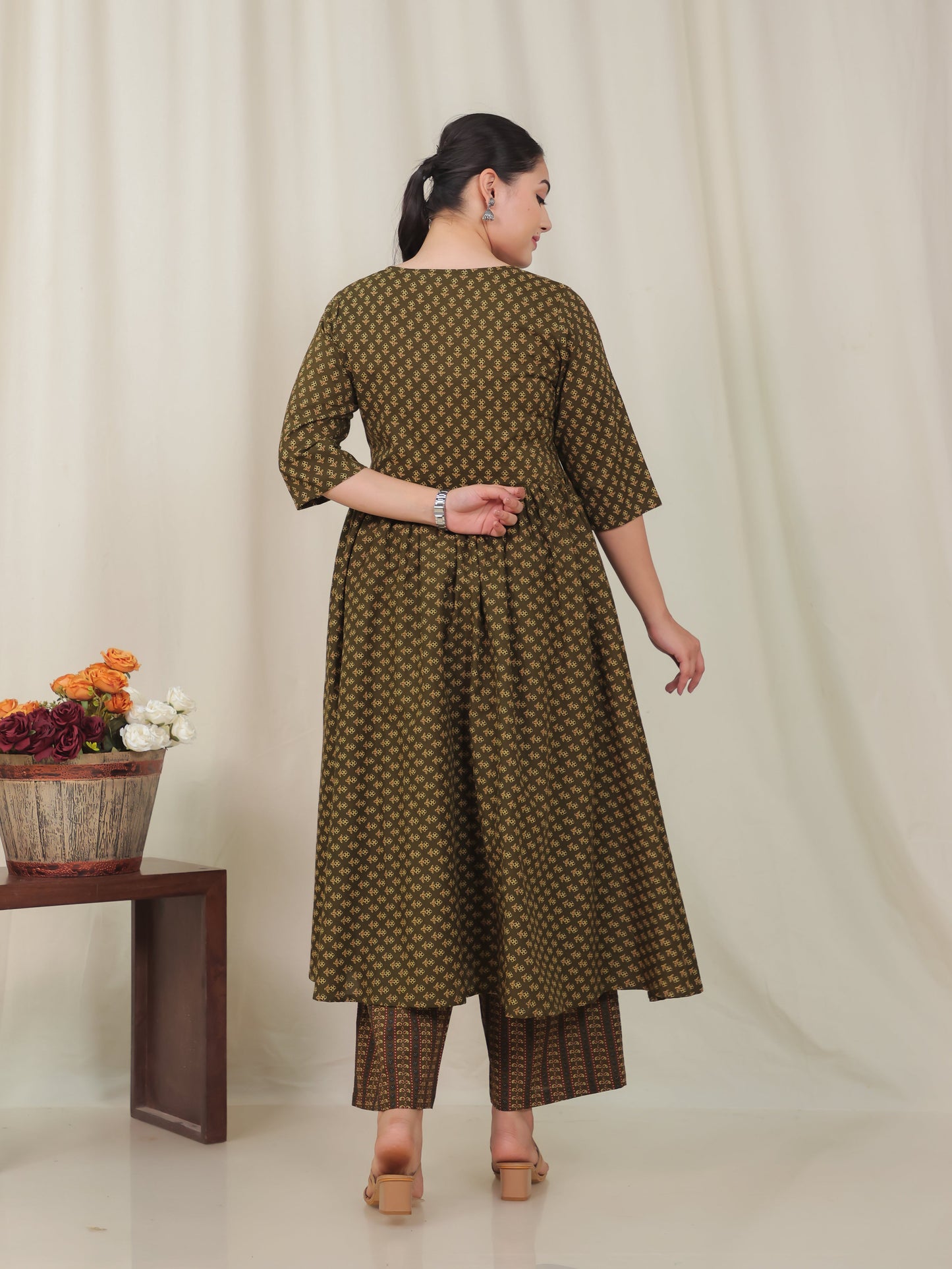 Soft Cotton Geometric Angrakha Green Kurta