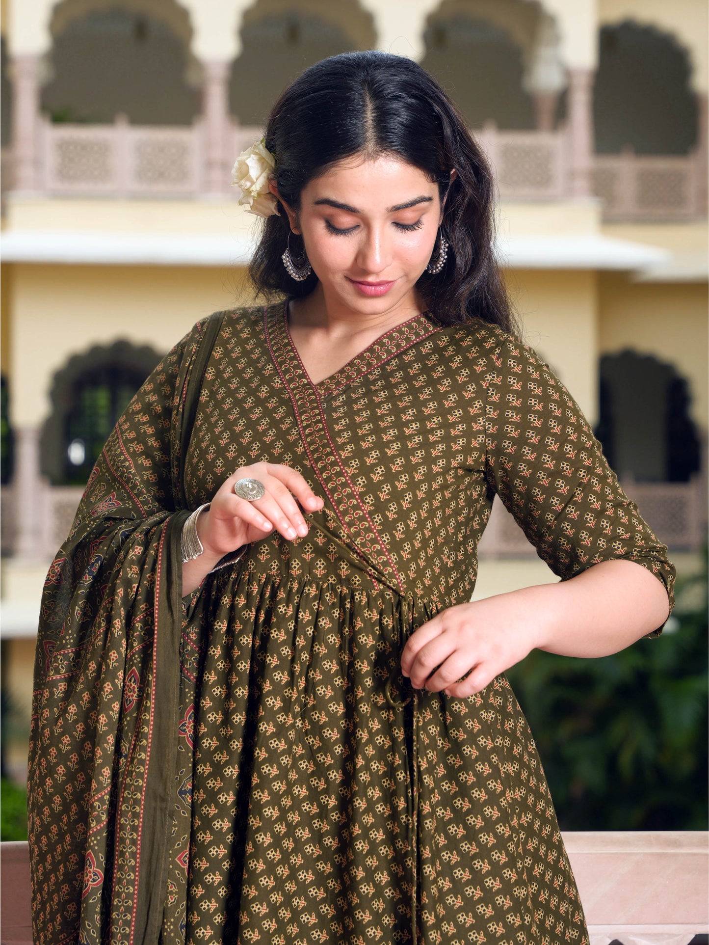 Soft Cotton Geometric Angrakha Green Kurta
