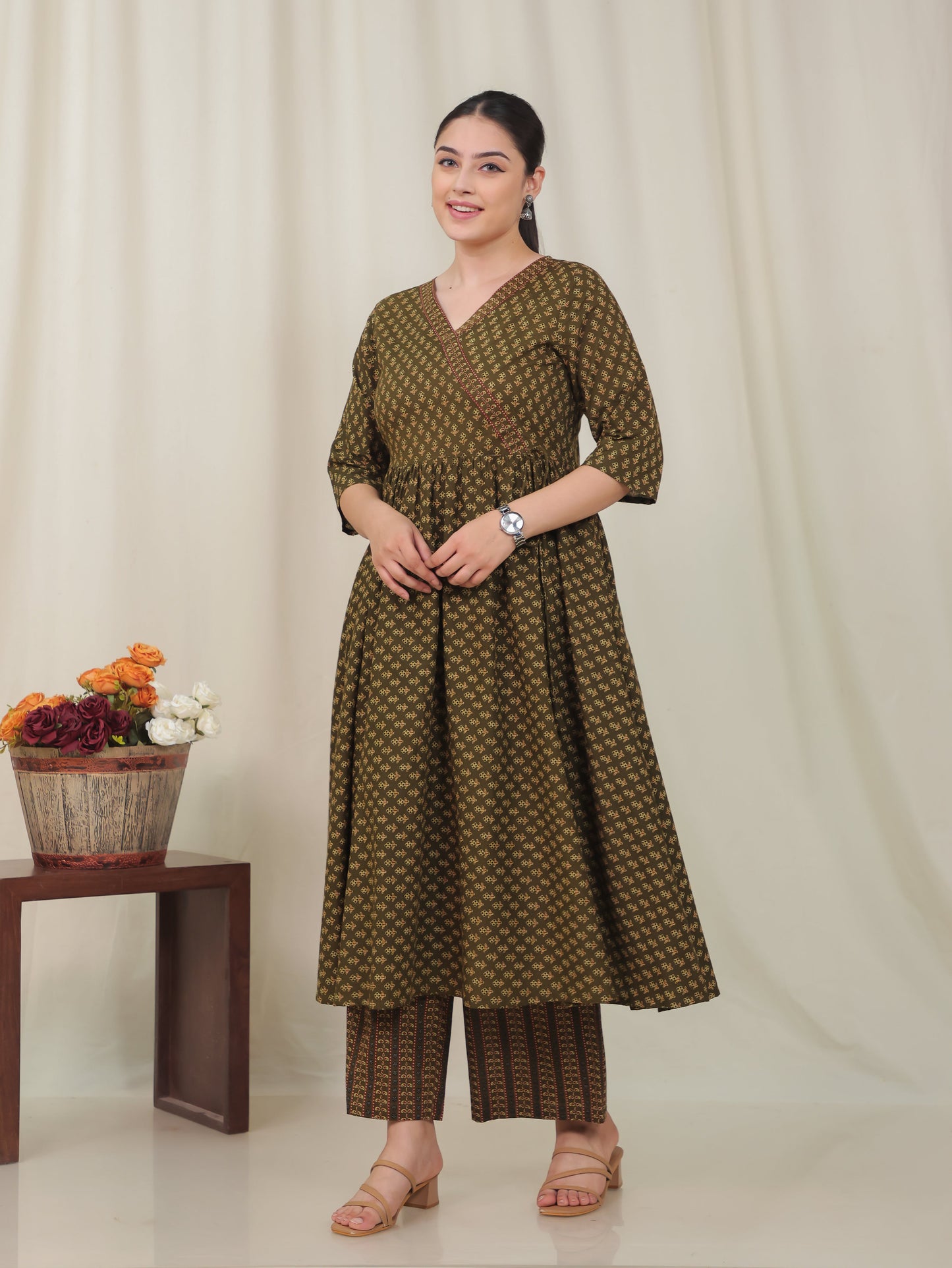 Soft Cotton Geometric Angrakha Green Kurta