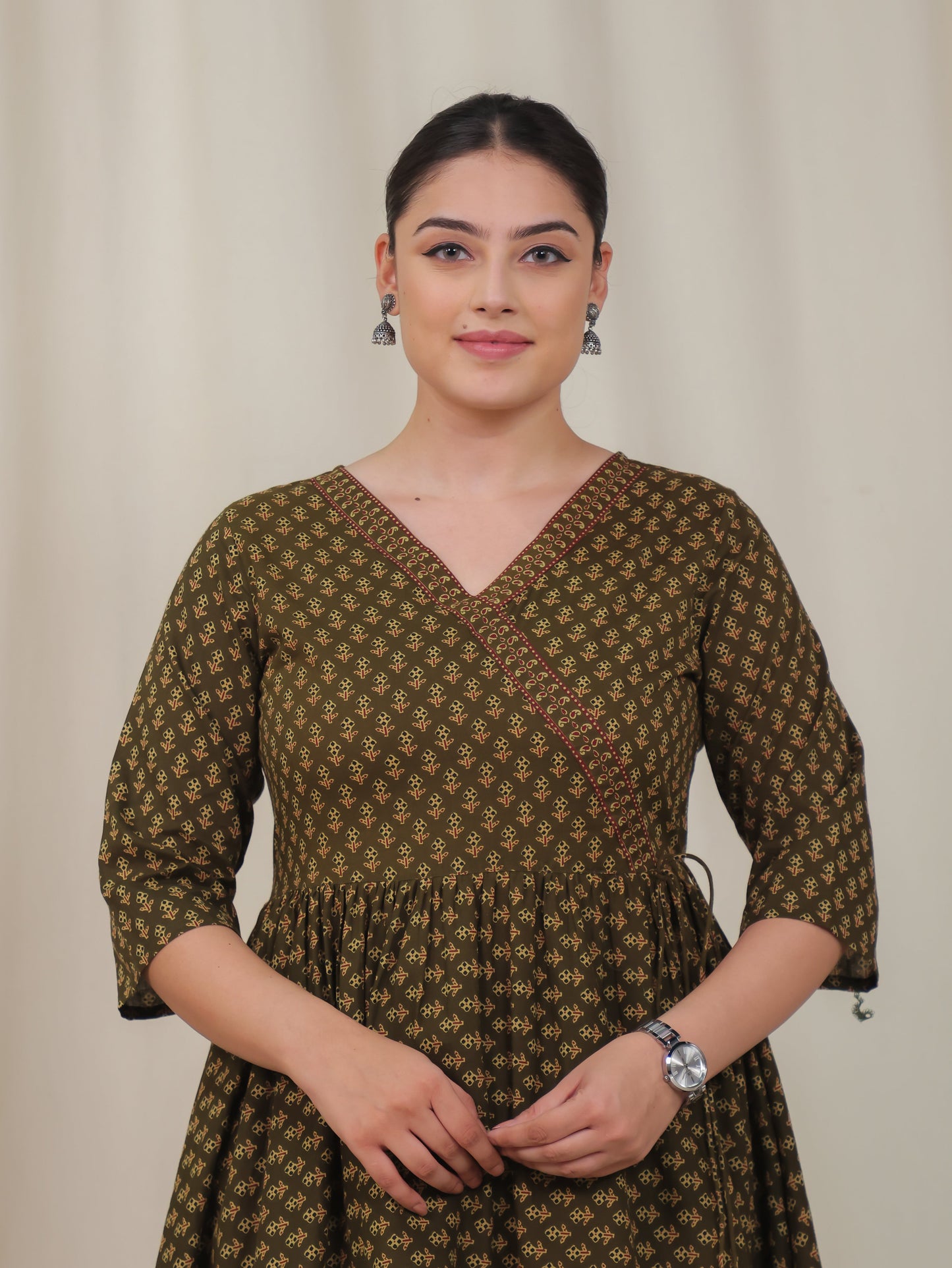 Soft Cotton Geometric Angrakha Green Kurta