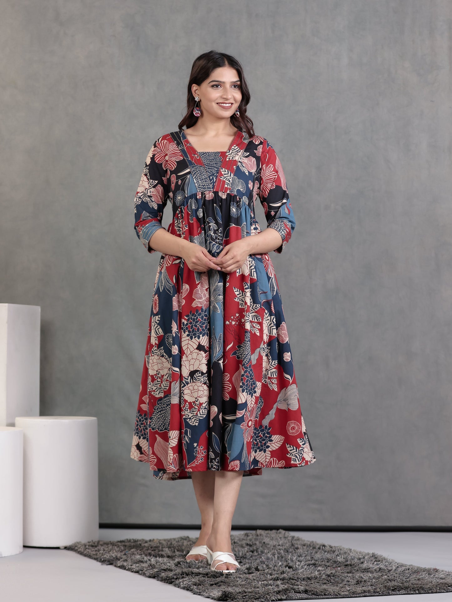 Embroidered Soft Cotton Floral Anarkali Mutlicolour Dress