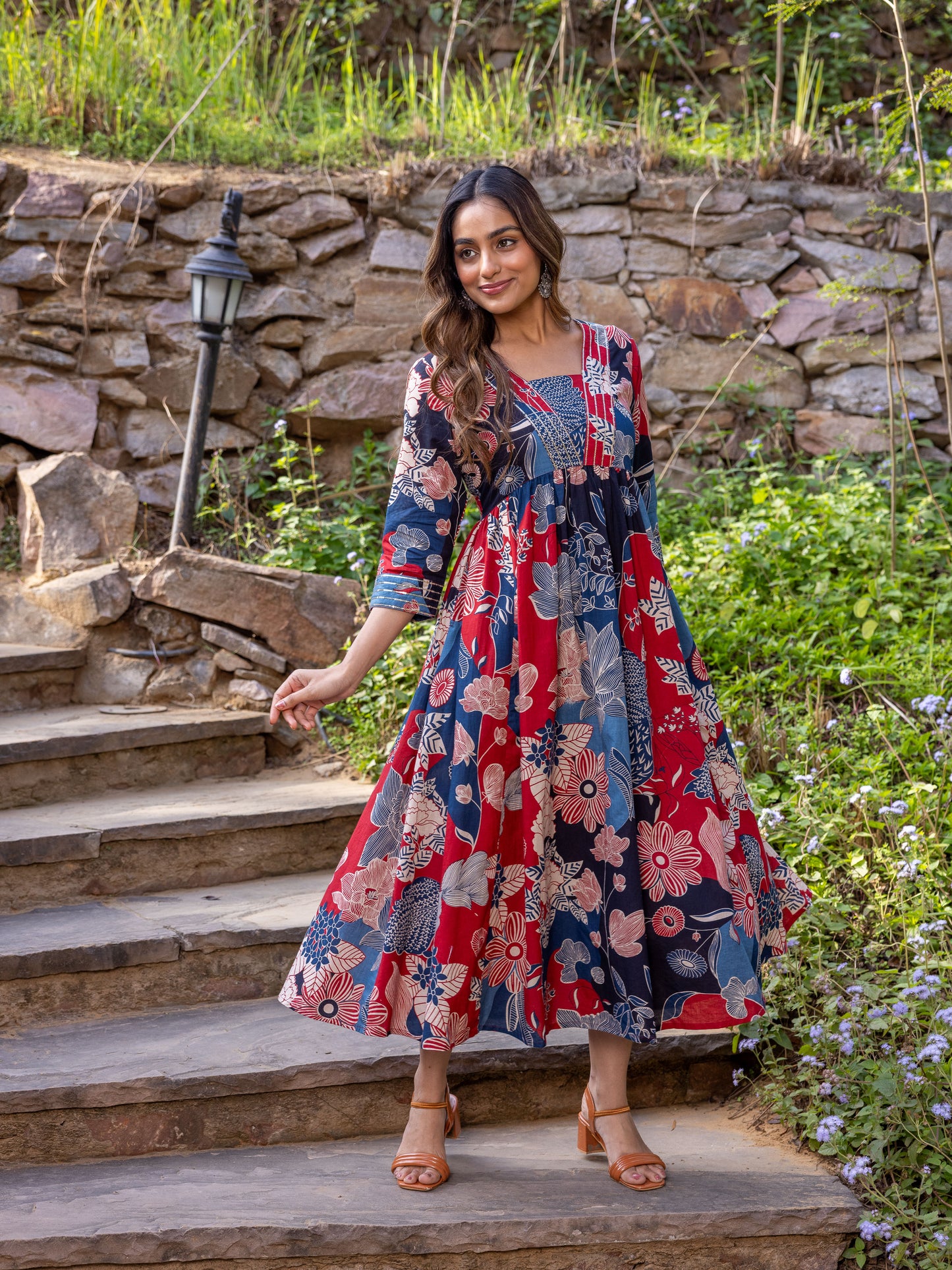 Embroidered Soft Cotton Floral Anarkali Blue Dress