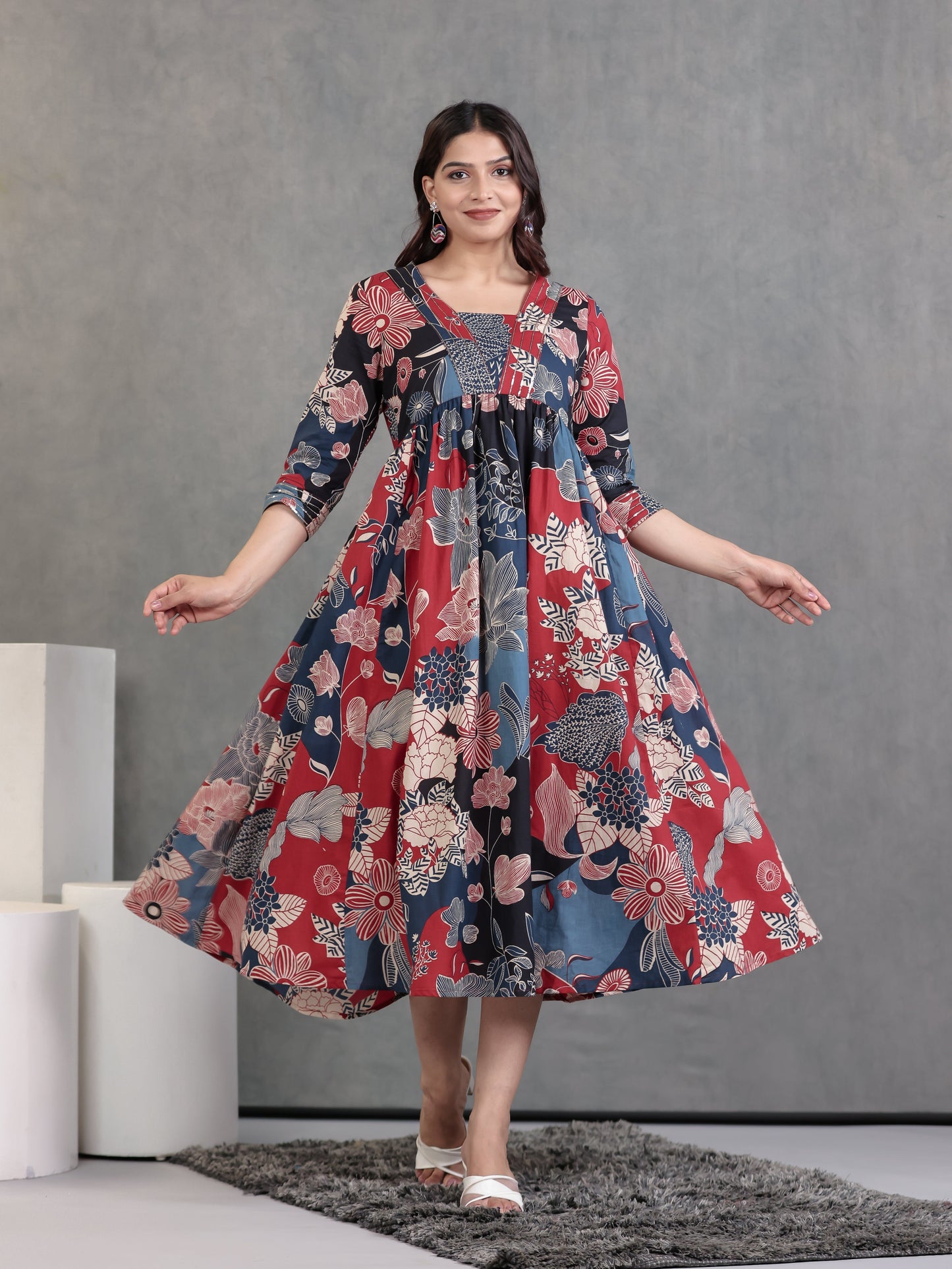 Embroidered Soft Cotton Floral Anarkali Mutlicolour Dress