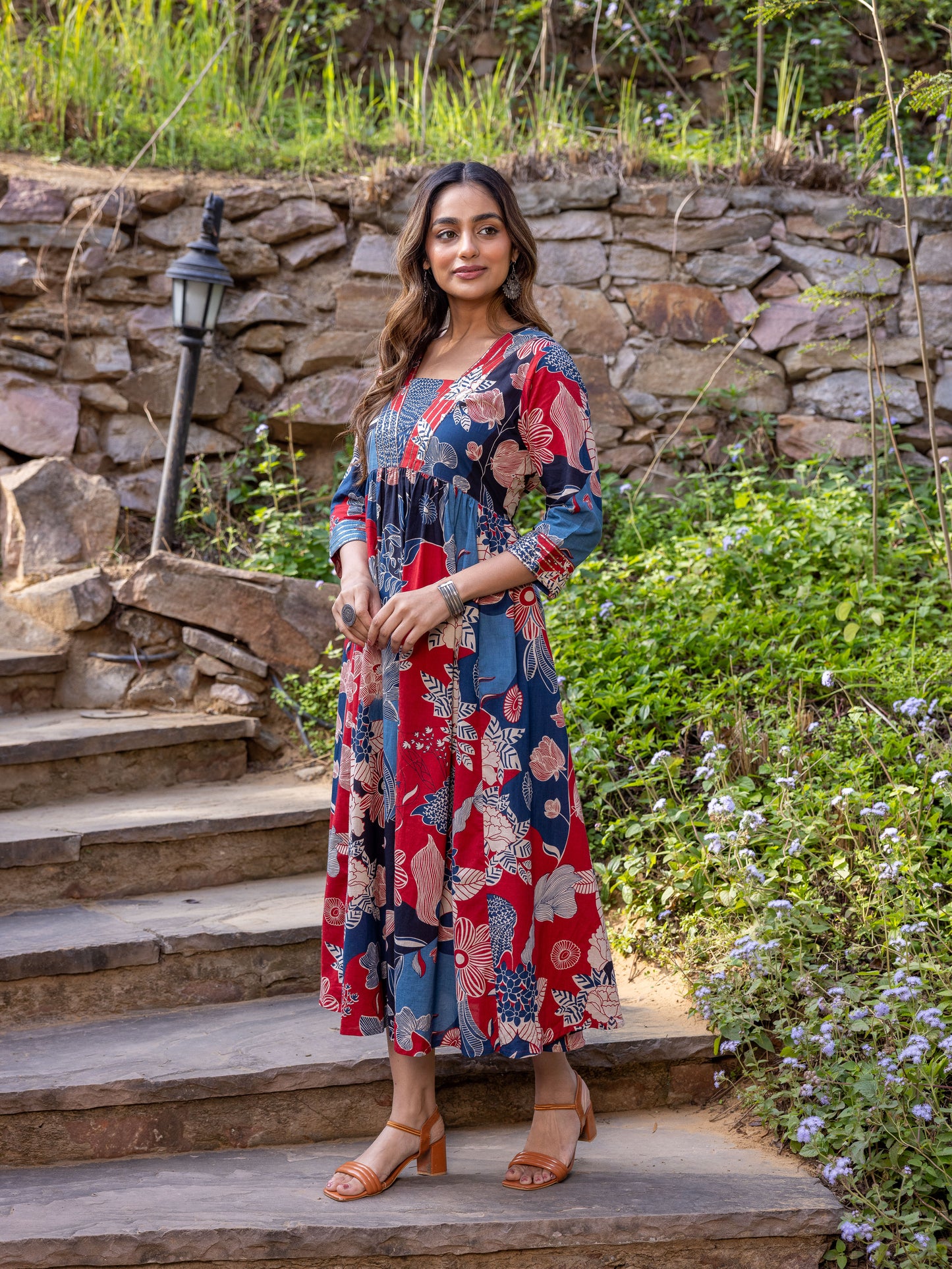Embroidered Soft Cotton Floral Anarkali Blue Dress