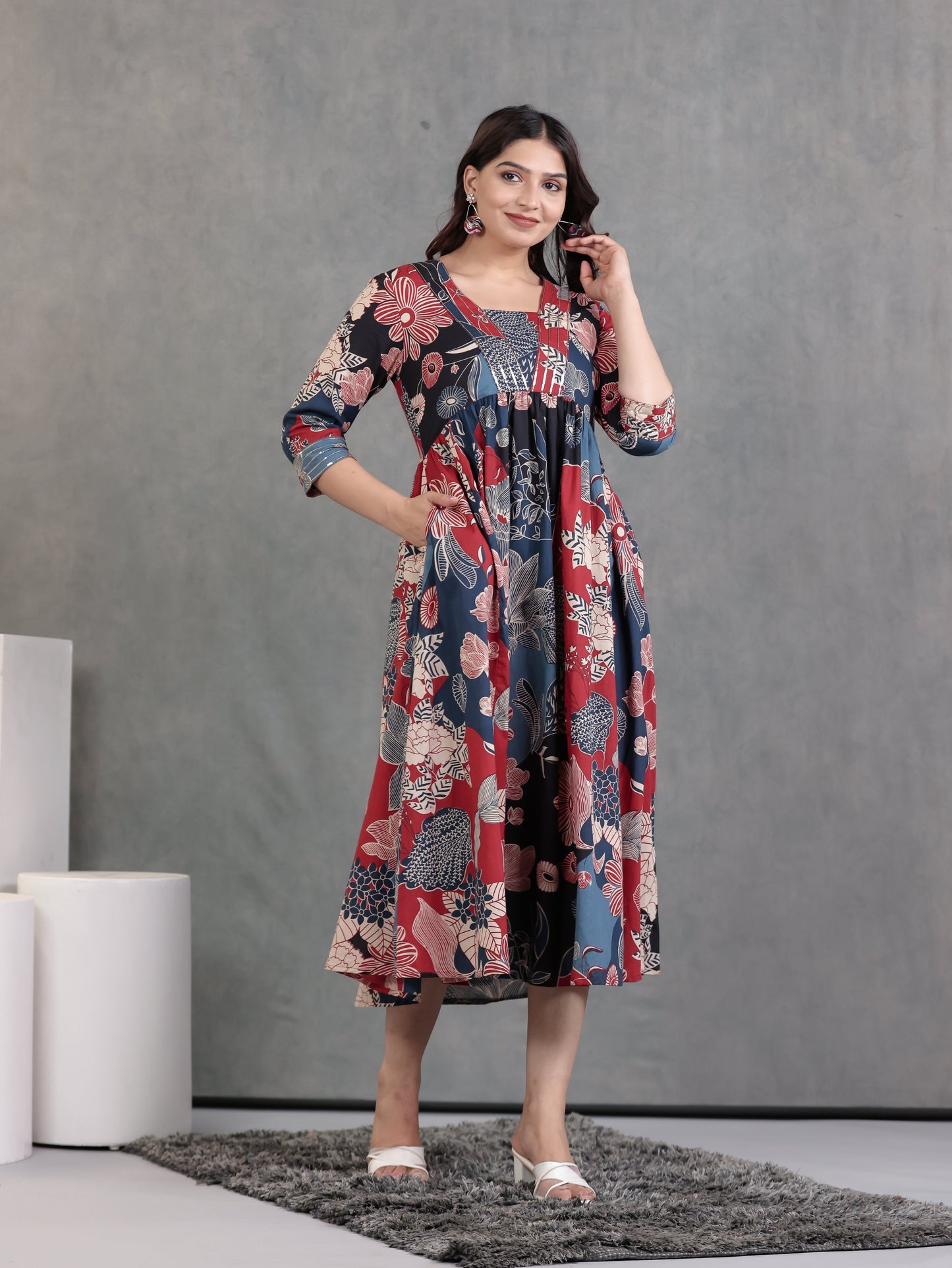 Embroidered Soft Cotton Floral Anarkali Mutlicolour Dress