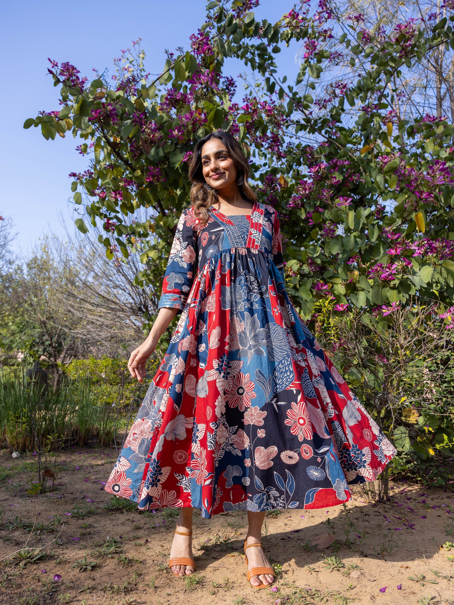 Embroidered Soft Cotton Floral Anarkali Blue Dress