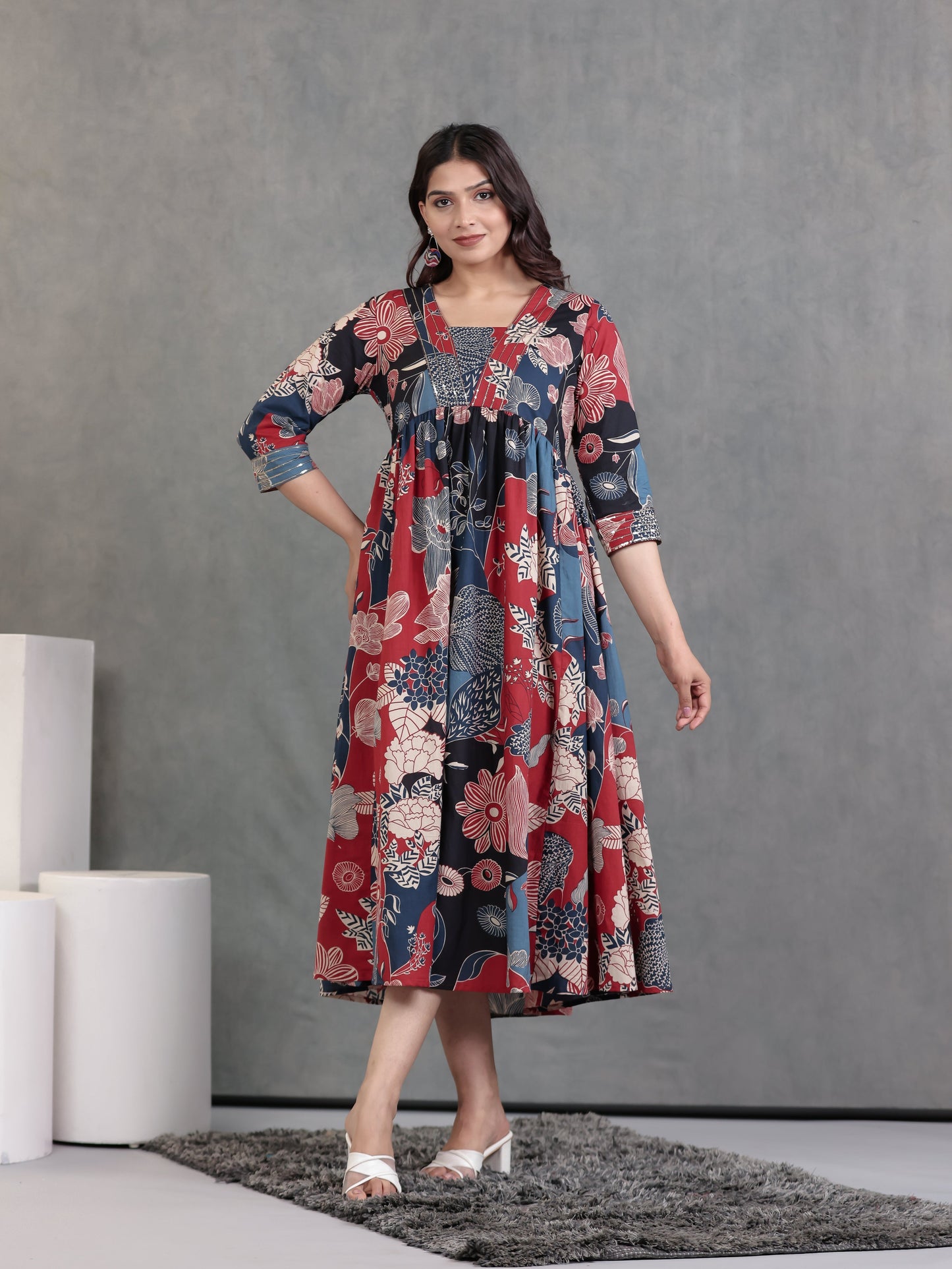 Embroidered Soft Cotton Floral Anarkali Mutlicolour Dress