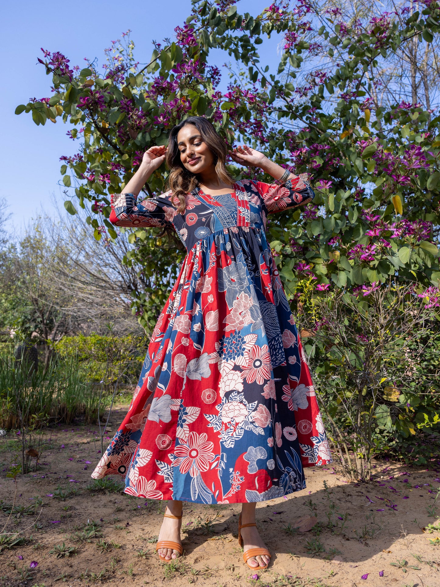 Embroidered Soft Cotton Floral Anarkali Blue Dress