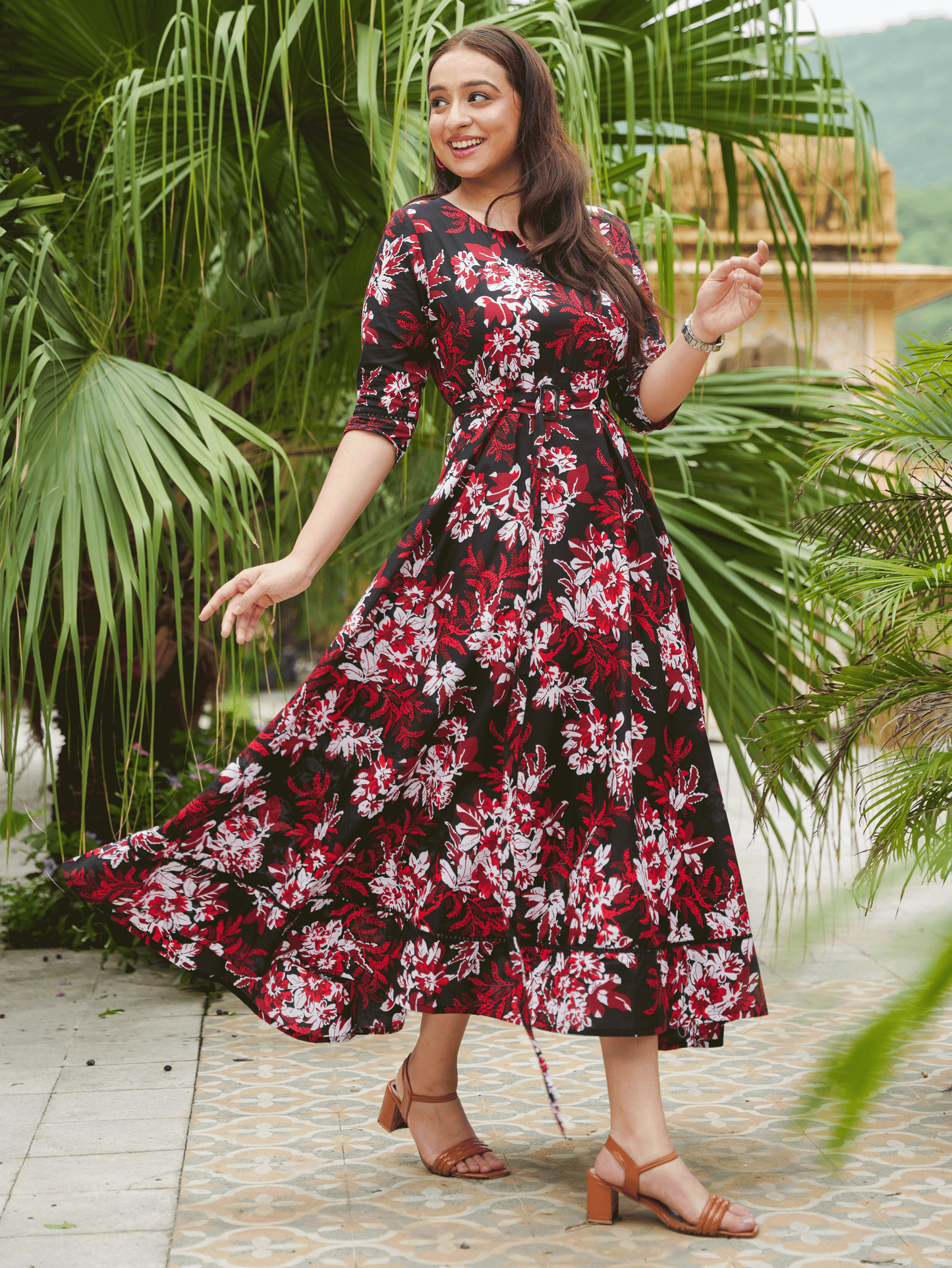 Soft Cotton Floral Anarkali Black Dress