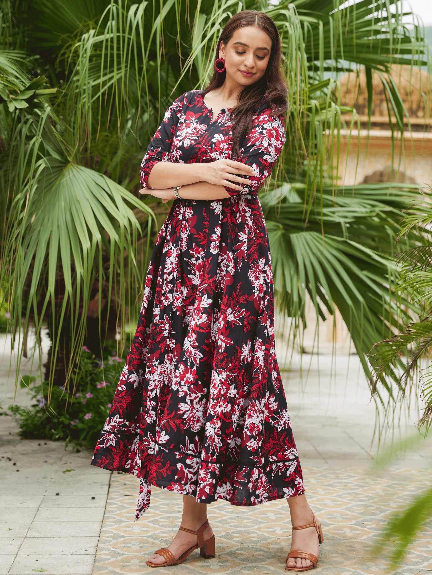 Soft Cotton Floral Anarkali Black Dress