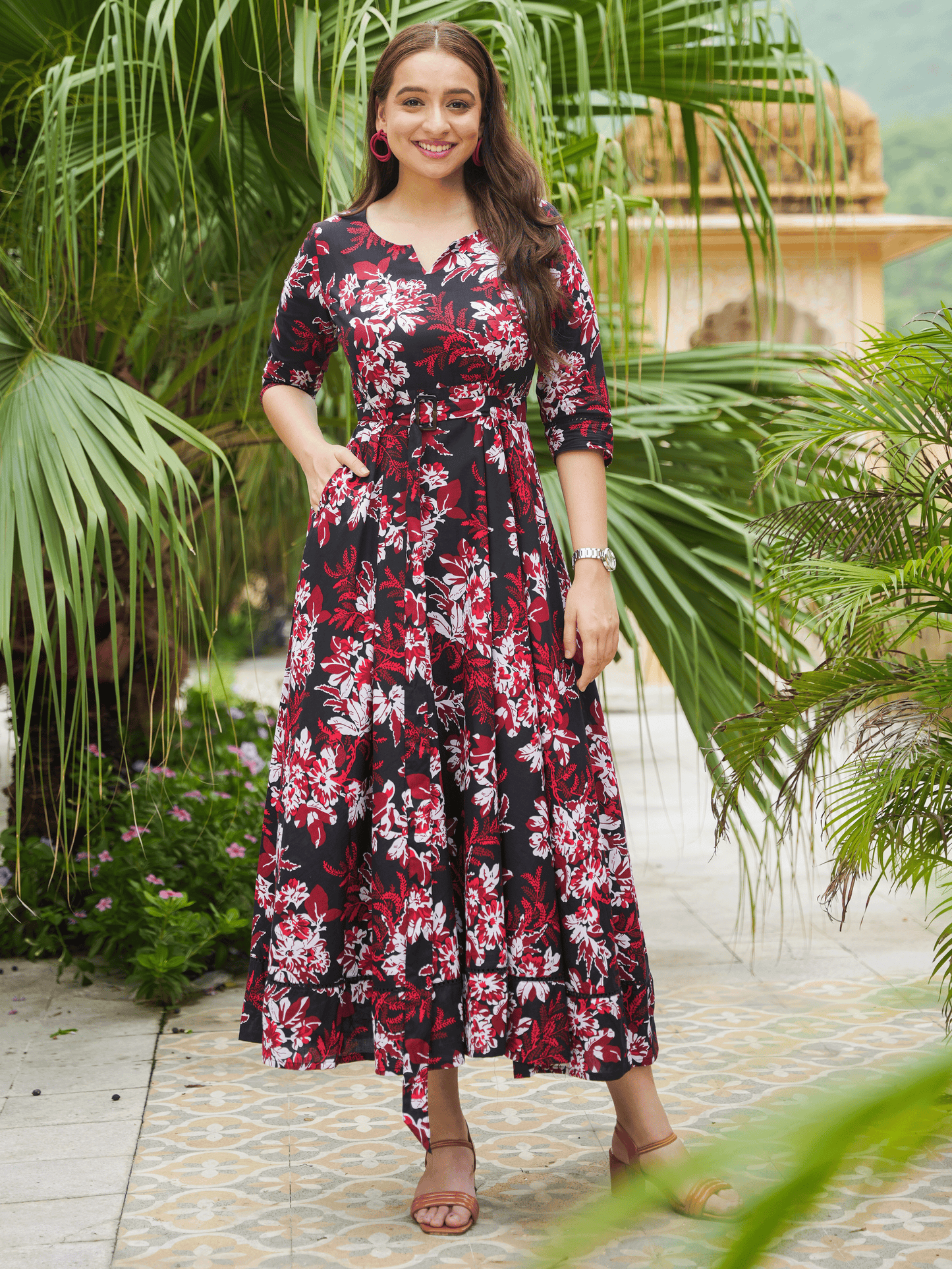 Soft Cotton Floral Anarkali Black Dress