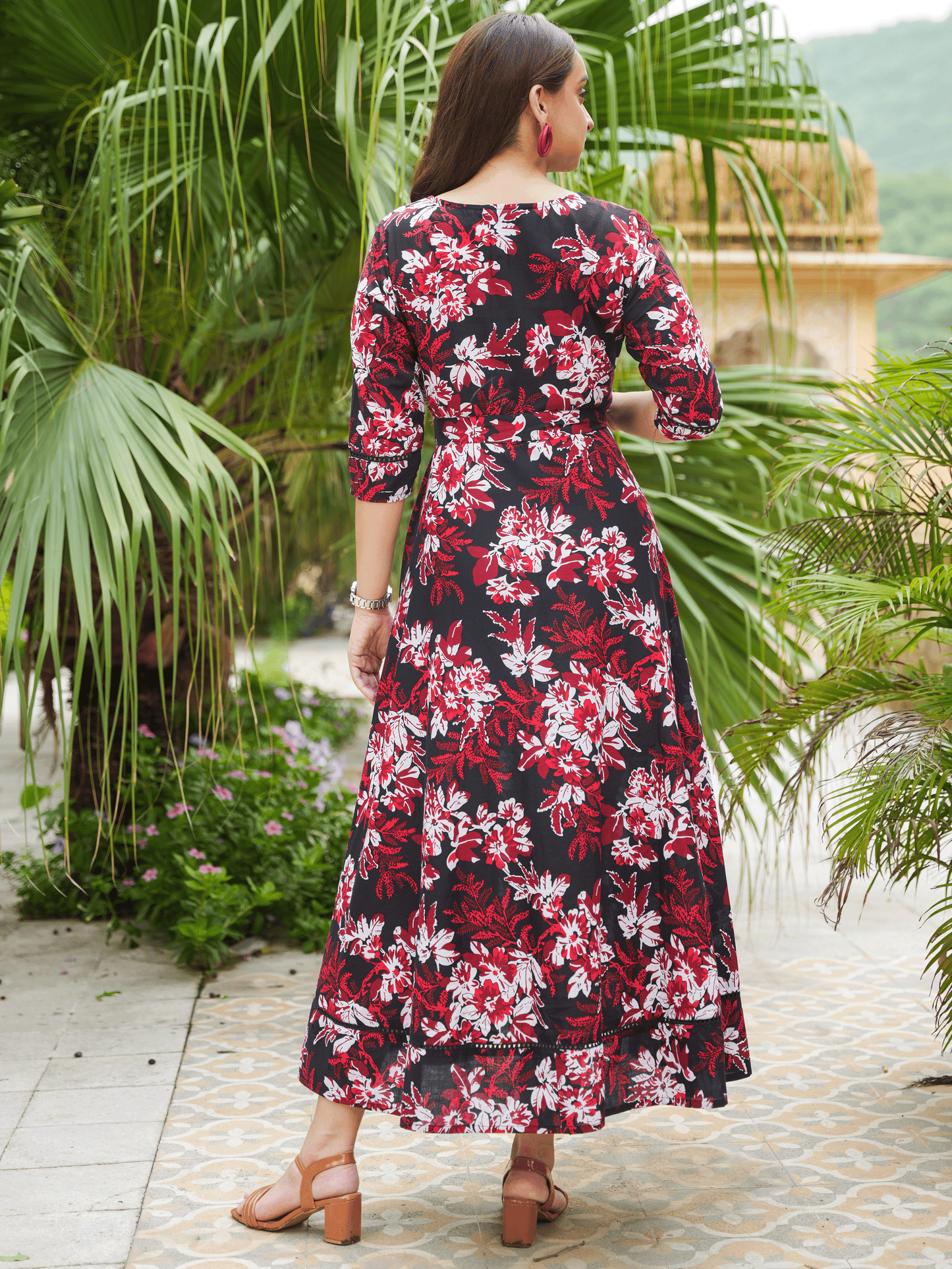Soft Cotton Floral Anarkali Black Dress